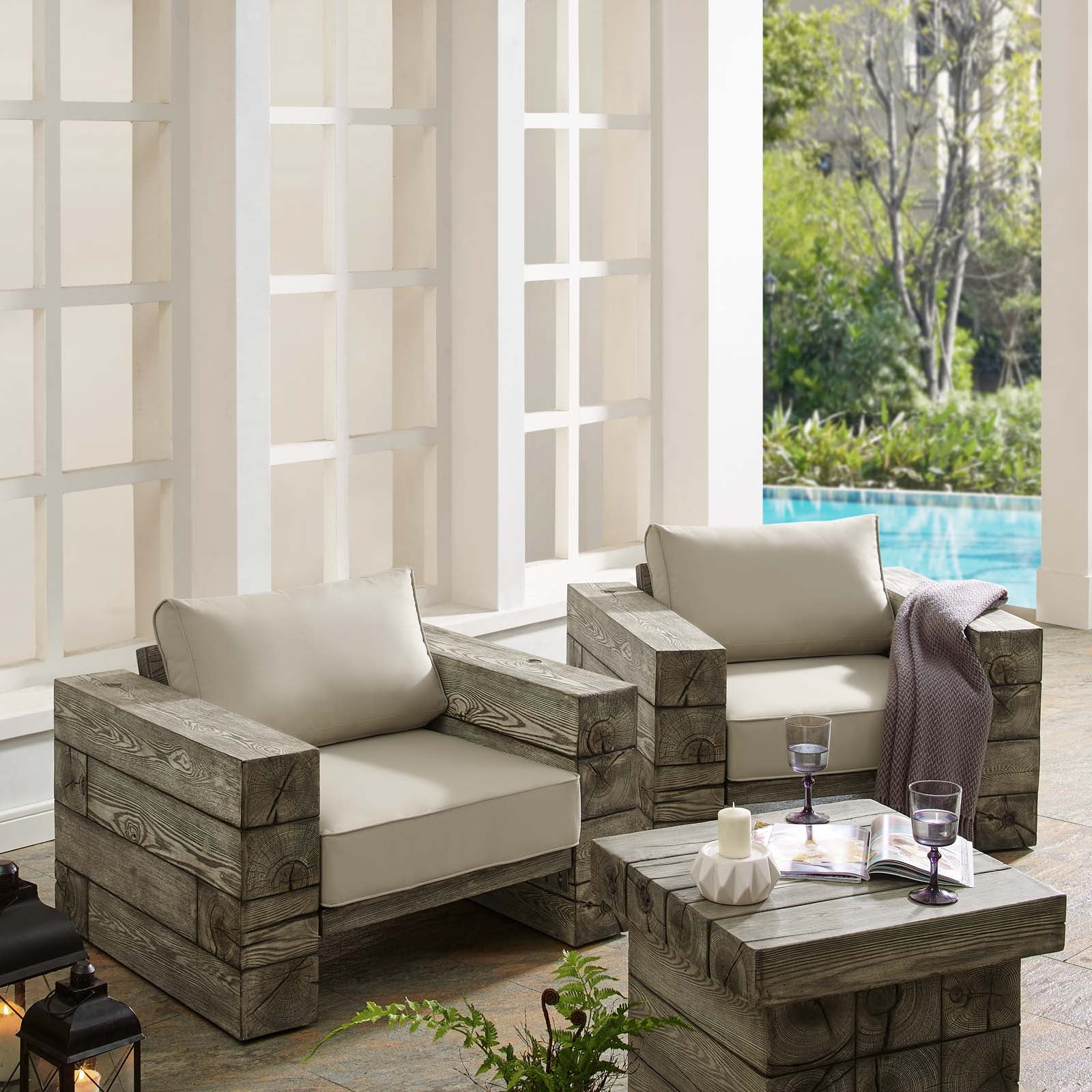 Modway Outdoor Chairs - Manteo Rustic Coastal Outdoor Patio Sunbrella Lounge Armchair Set of 2 Light Gray Beige