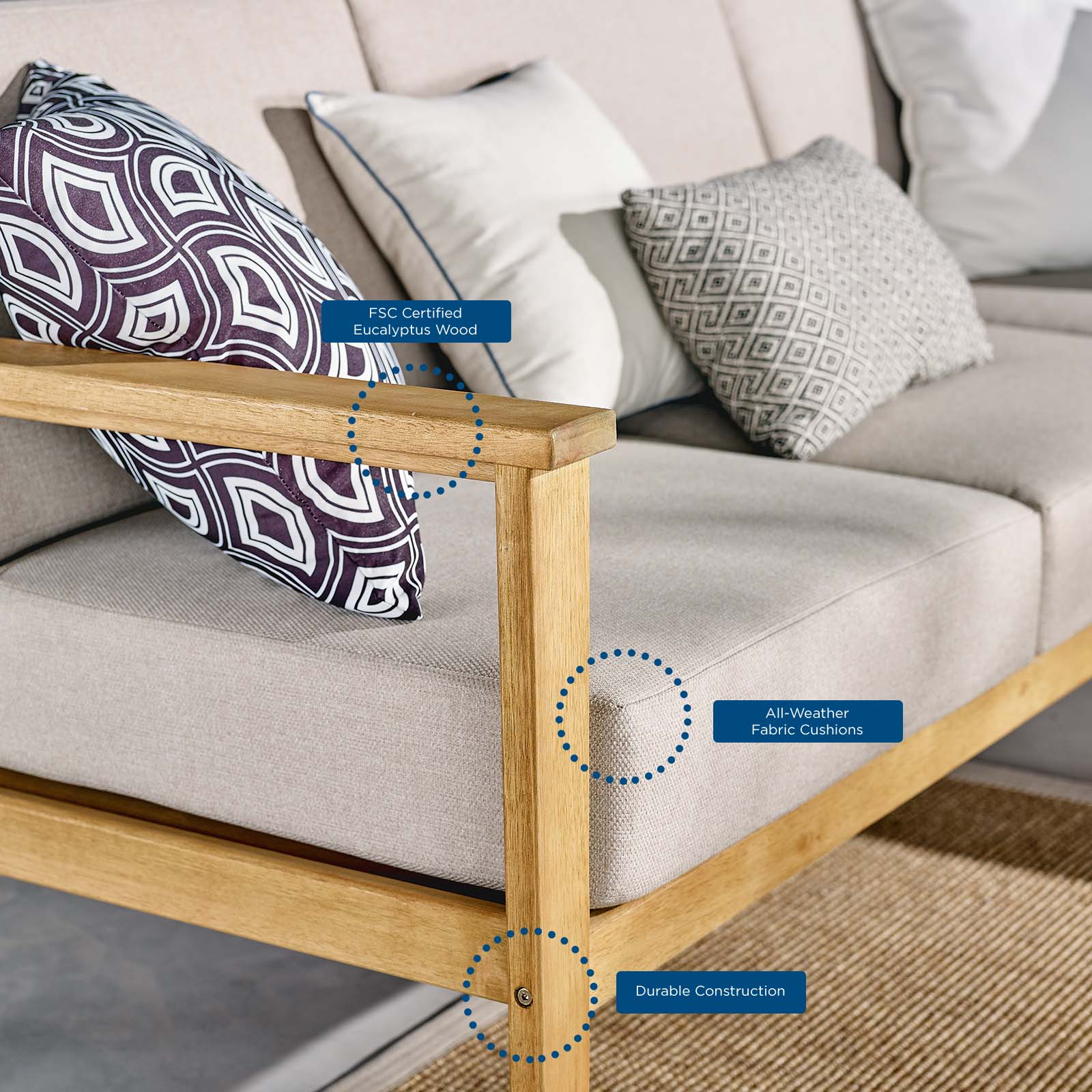 Sedona Outdoor Patio Eucalyptus Wood Right-Facing Loveseat Natural Taupe