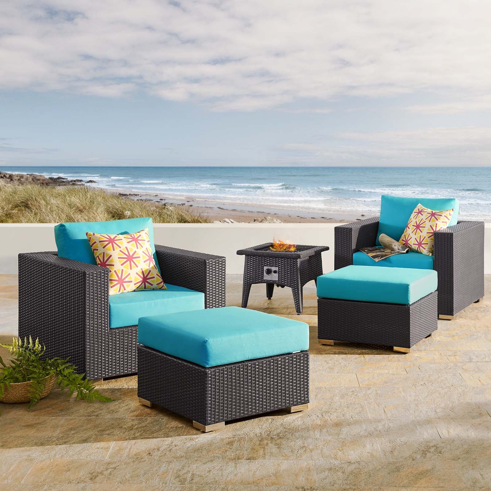 Modway Outdoor Conversation Sets - Convene 5 Piece Set Outdoor Patio with Fire Pit Espresso Turquoise