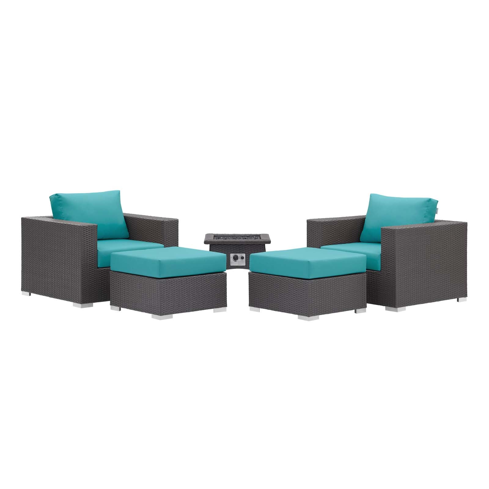 Modway Outdoor Conversation Sets - Convene 5 Piece Set Outdoor Patio with Fire Pit Espresso Turquoise