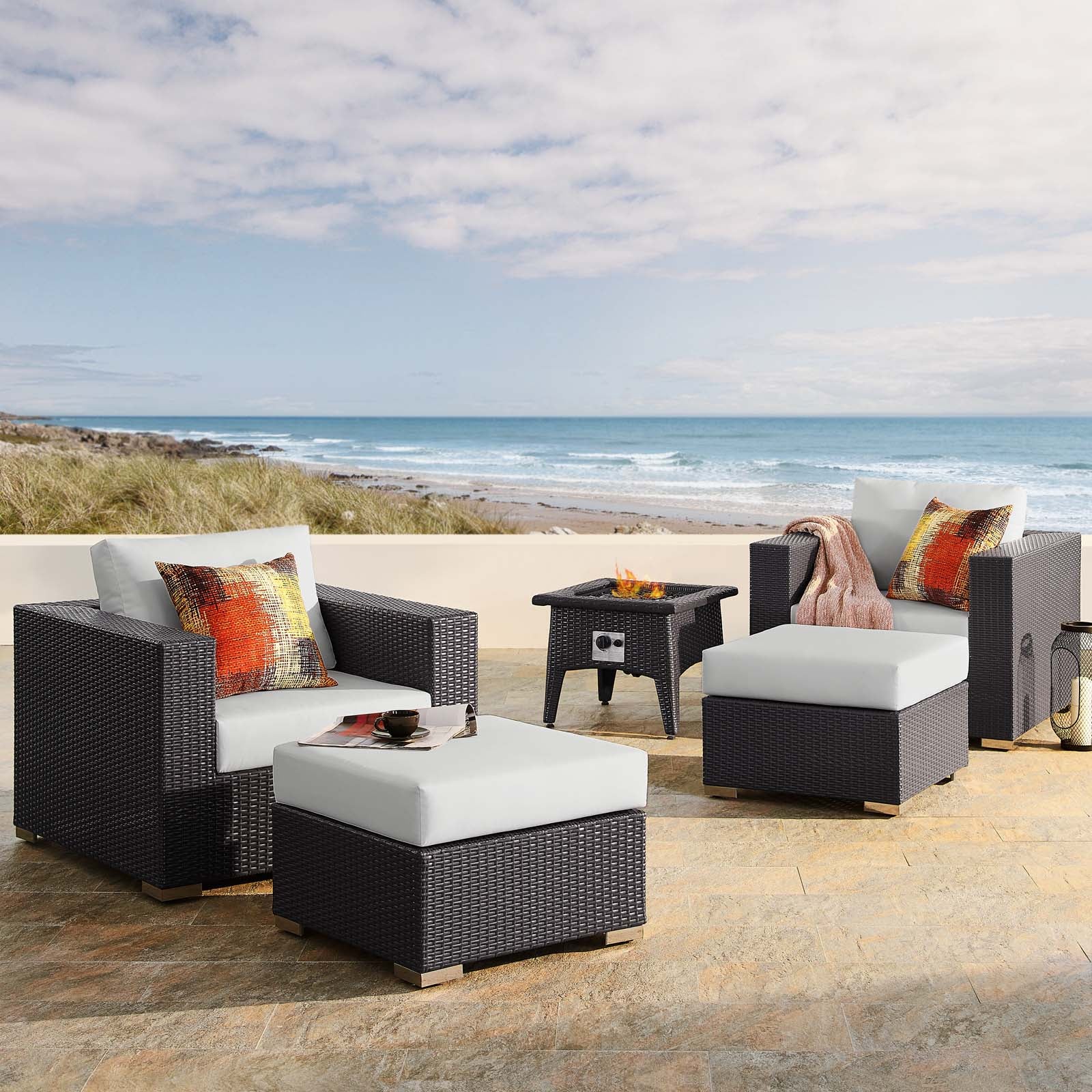 Modway Outdoor Conversation Sets - Convene 5 Piece Set Outdoor Patio with Fire Pit Espresso White