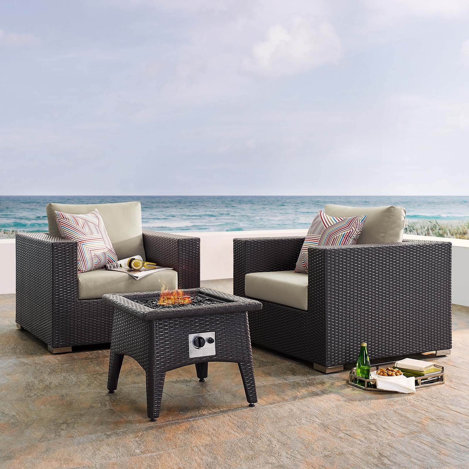 Modway Outdoor Conversation Sets - Convene 3 Piece Set 95"W Outdoor Patio with Fire Pit Espresso And Beige