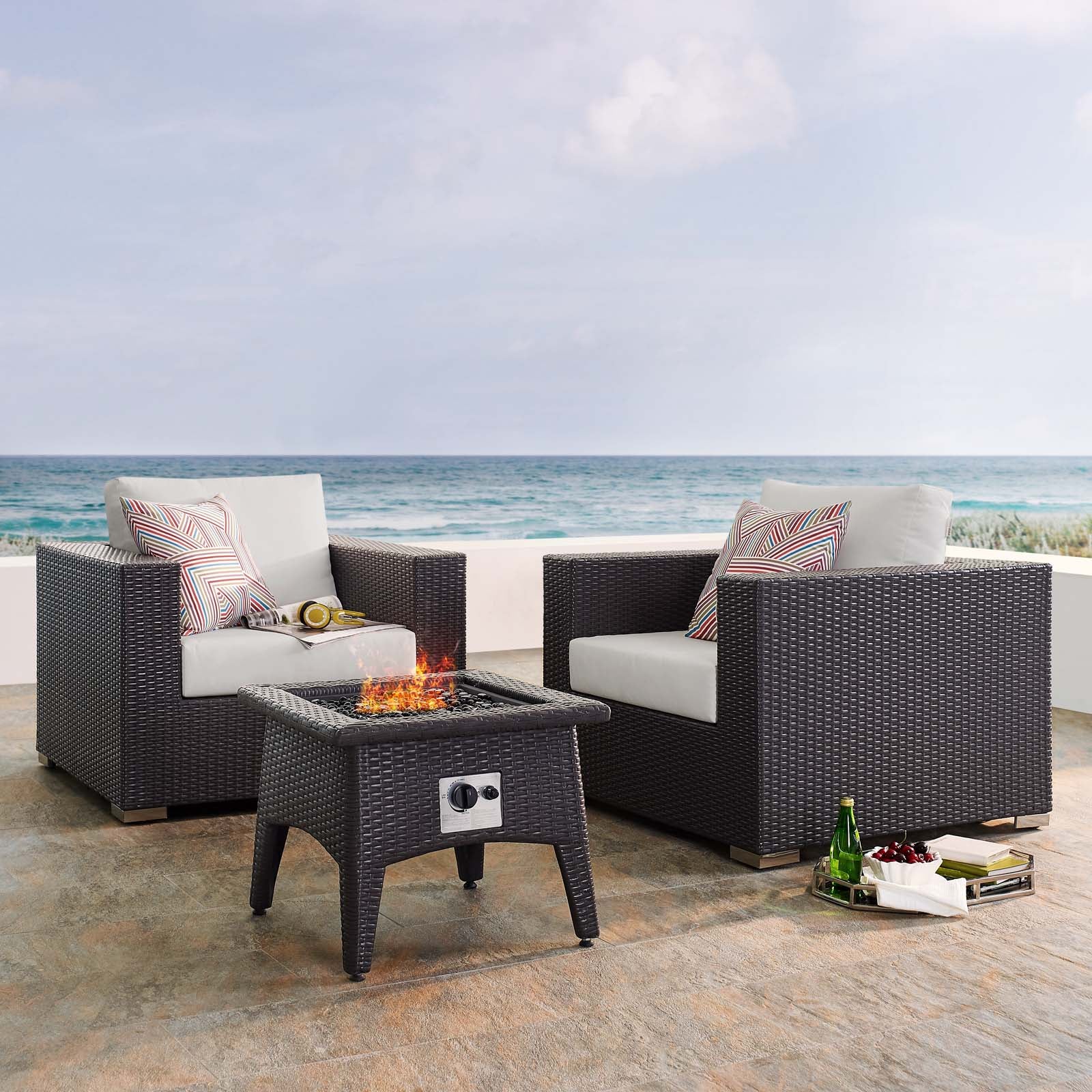 Modway Outdoor Conversation Sets - Convene 3 Piece Set Outdoor Patio with Fire Pit Espresso and White