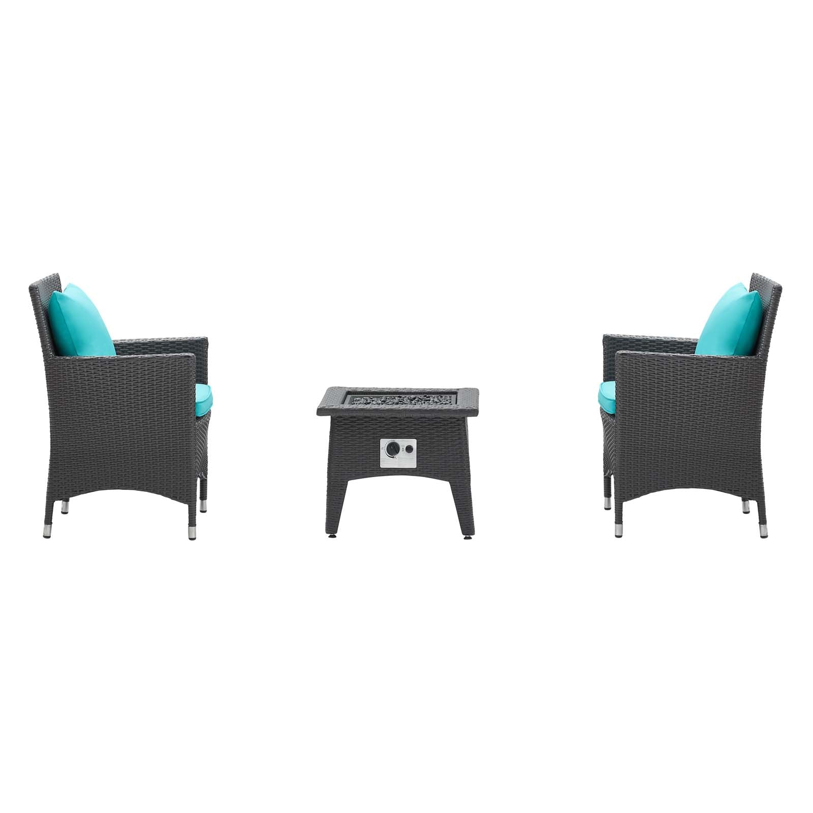 Modway Outdoor Conversation Sets - Convene 3 Piece Set Outdoor Patio with Fire Pit Espresso Turquoise