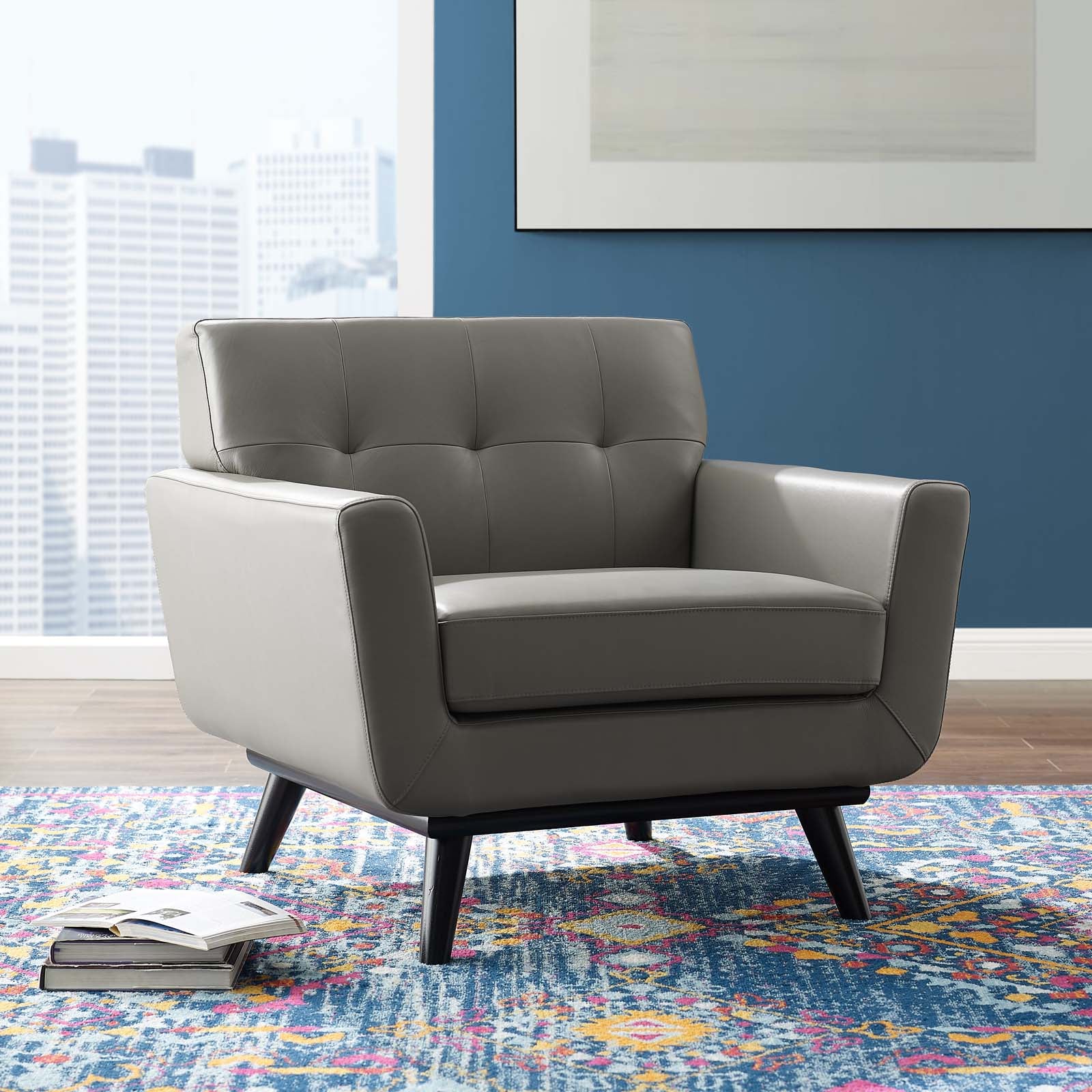 Modway Accent Chairs - Engage Top-Grain Leather Living Room Lounge Accent Armchair Gray