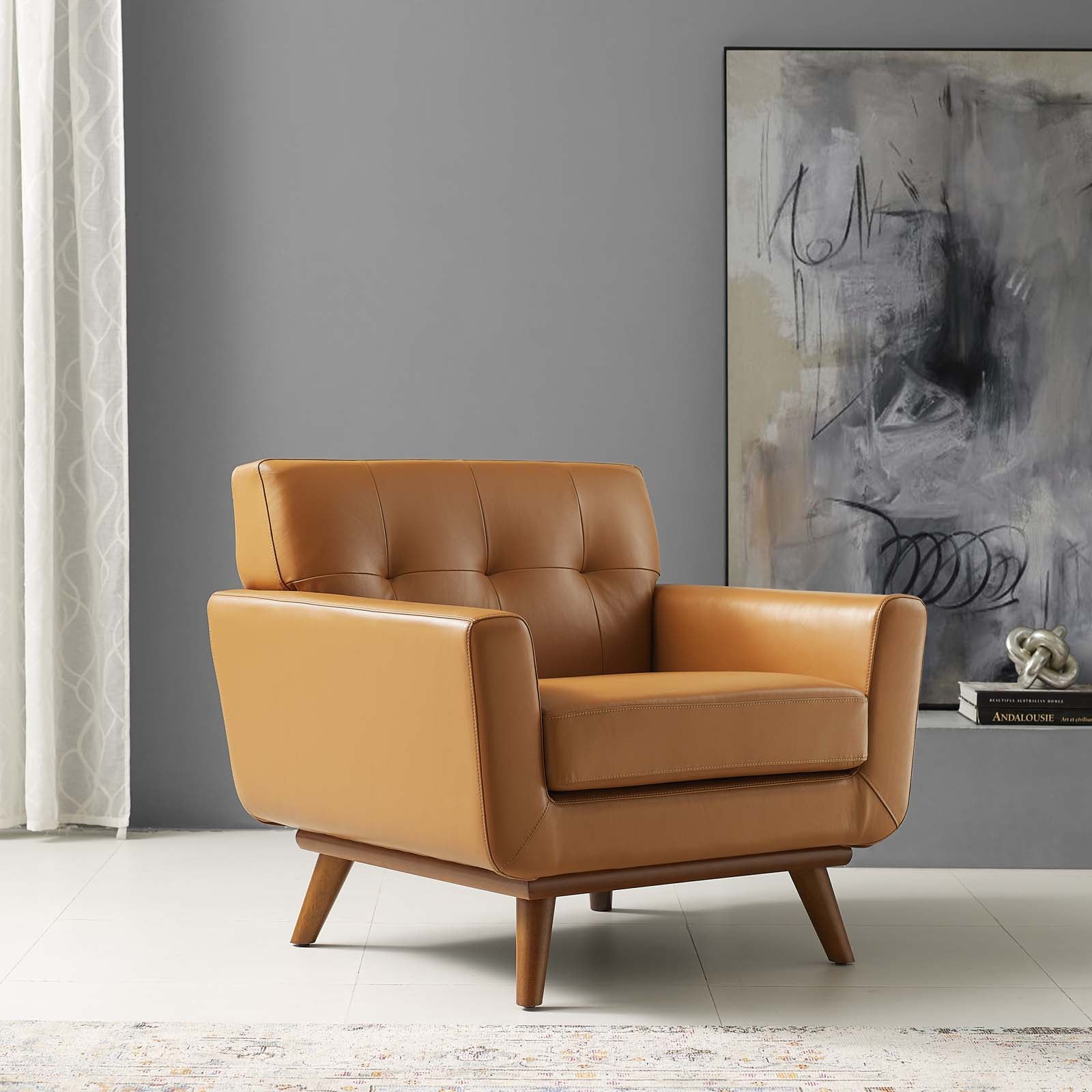 Modway Accent Chairs - Engage Top-Grain Leather Living Room Lounge Accent Armchair Tan