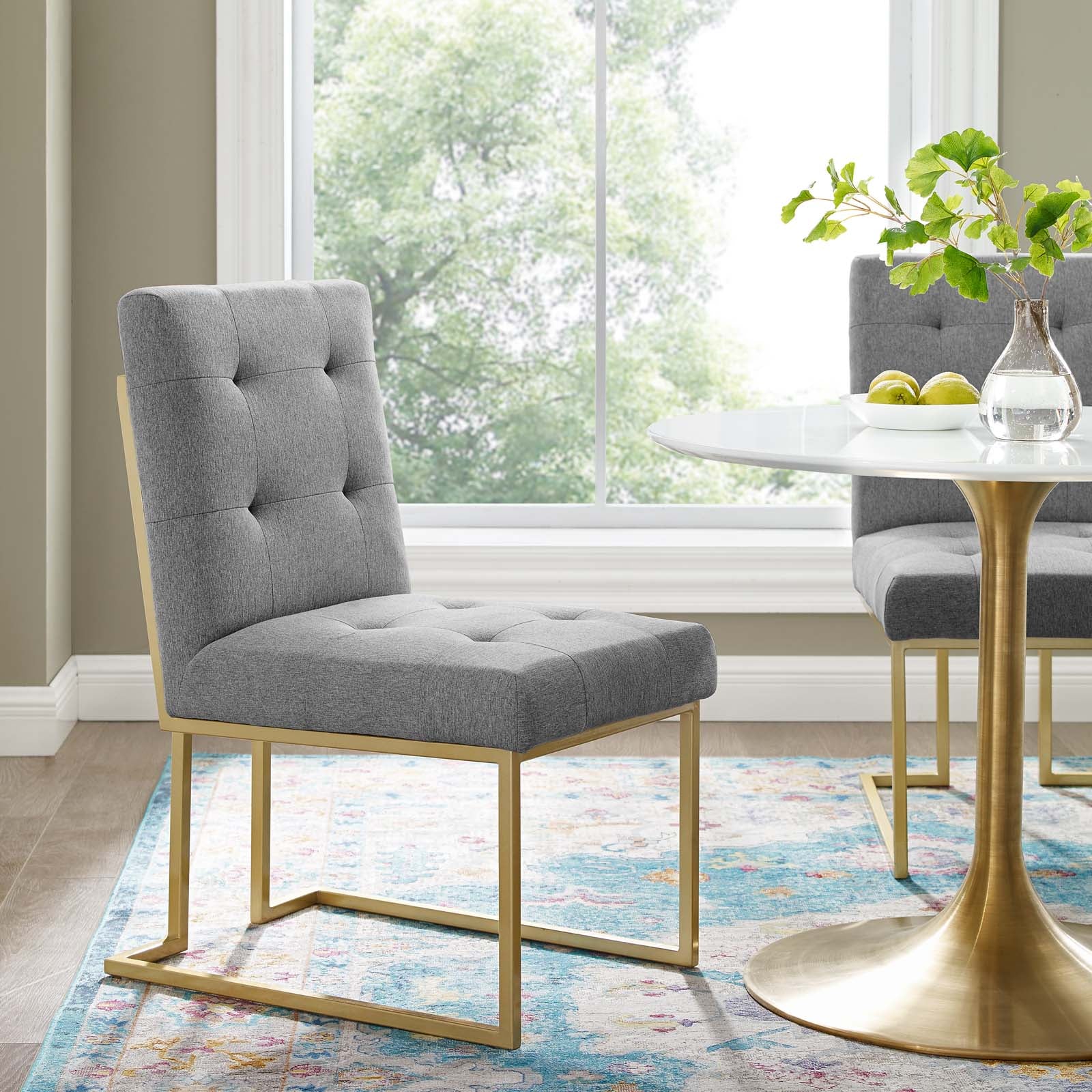 Modway Dining Chairs - Privy Gold Stainless Steel Upholstered Fabric Dining Accent Chair Gold Light Gray