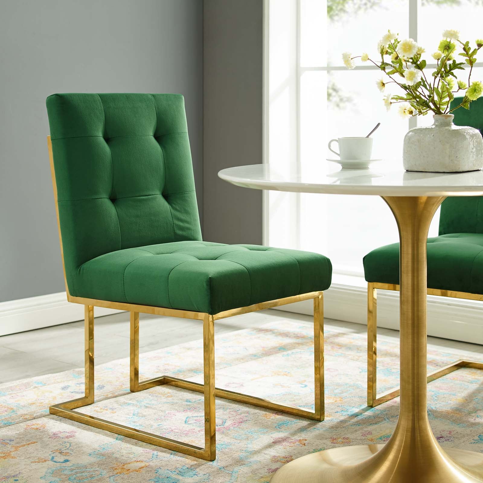Modway Dining Chairs - Privy Gold Stainless Steel Performance Velvet Dining Chair Gold Emerald
