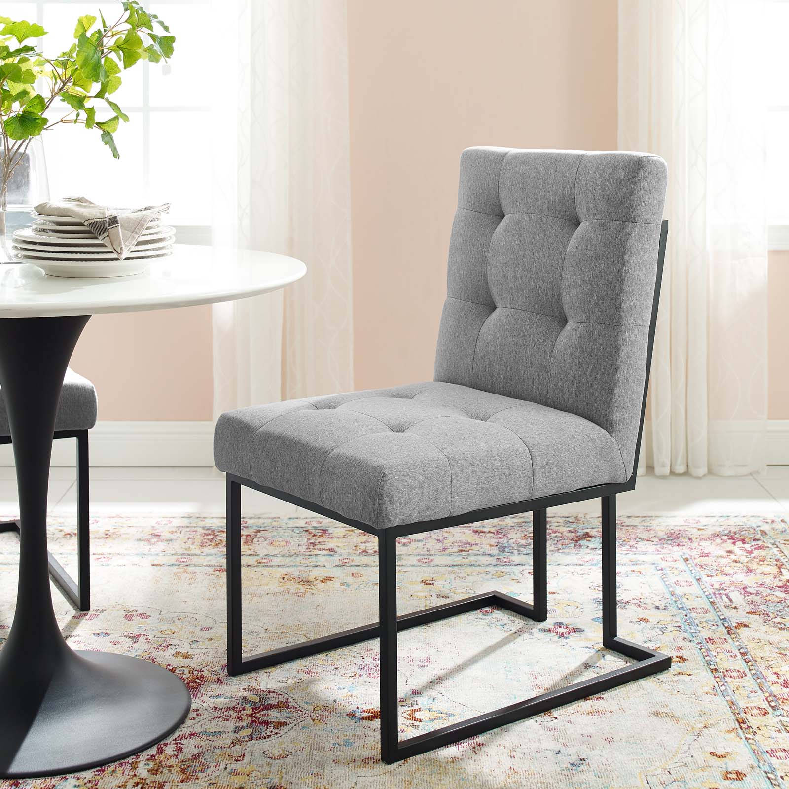 Modway Dining Chairs - Privy Black Stainless Steel Upholstered Fabric Dining Chair Black Light Gray