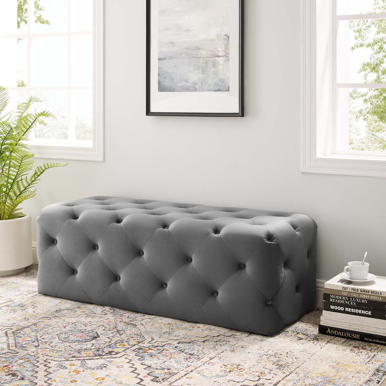 Modway Benches - Amour 48" Tufted Button Entryway Performance Velvet Bench Gray