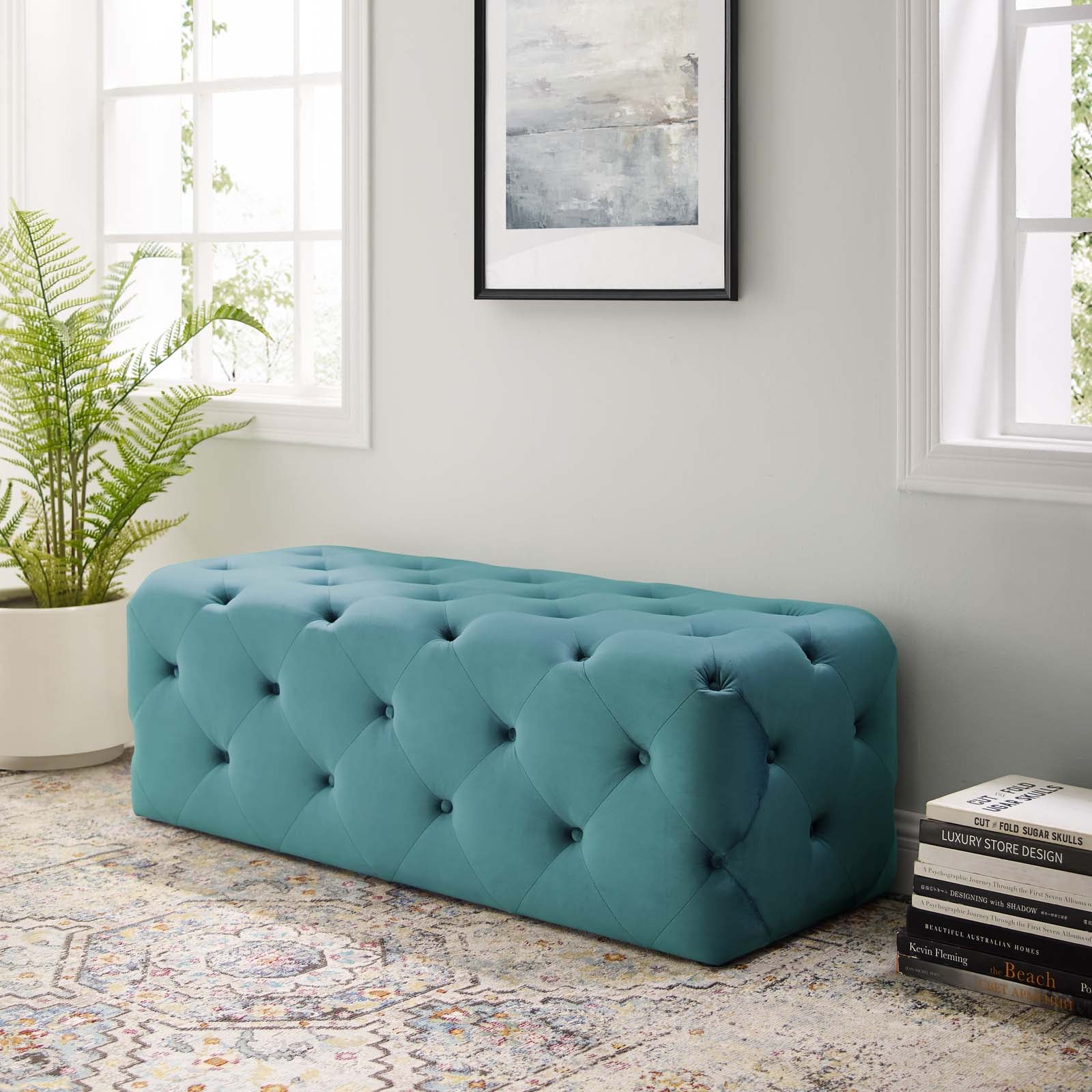 Modway Benches - Amour 48" Tufted Button Entryway Performance Velvet Bench Sea Blue