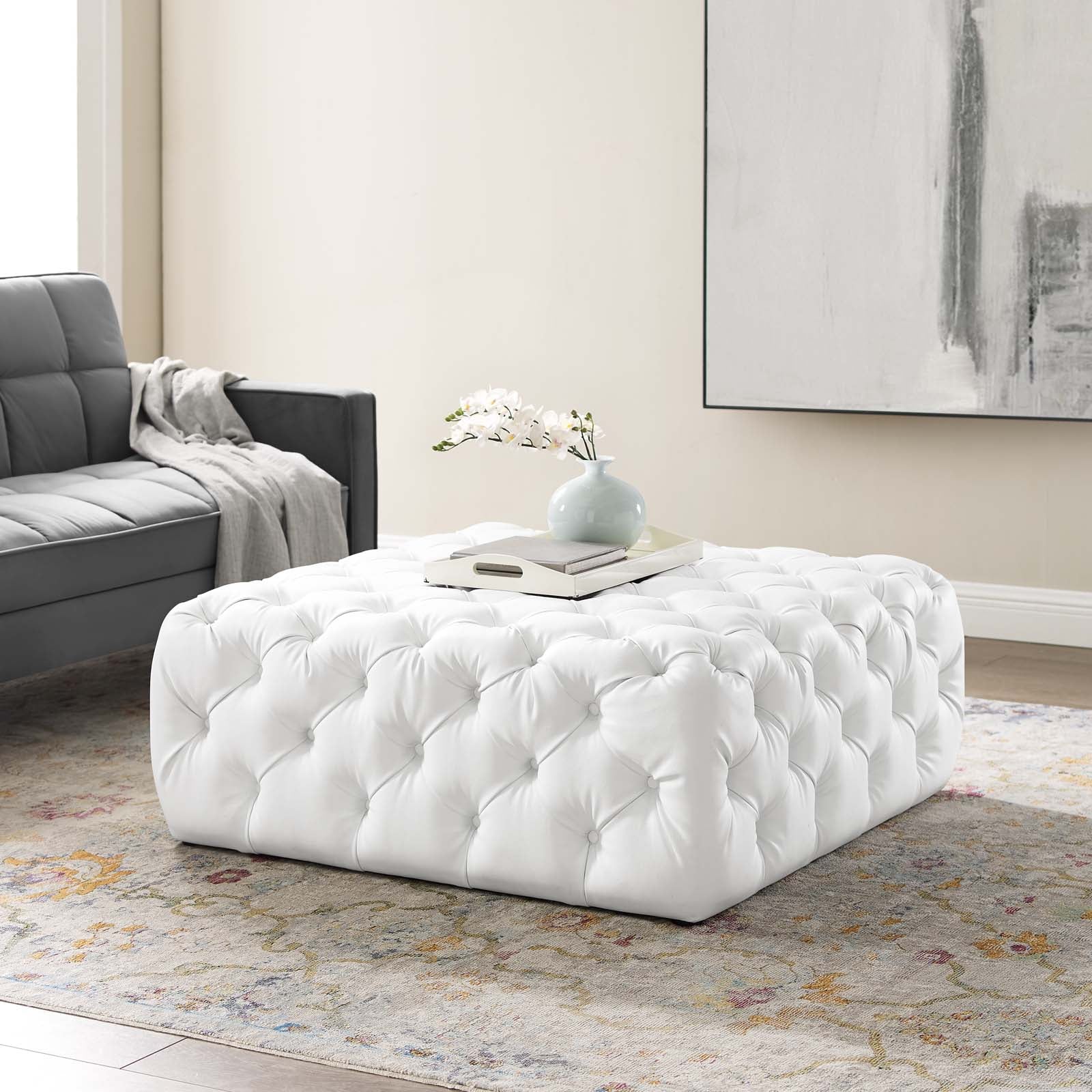 Modway Ottomans & Stools - Amour Tufted Button Large Square Faux Leather Ottoman White