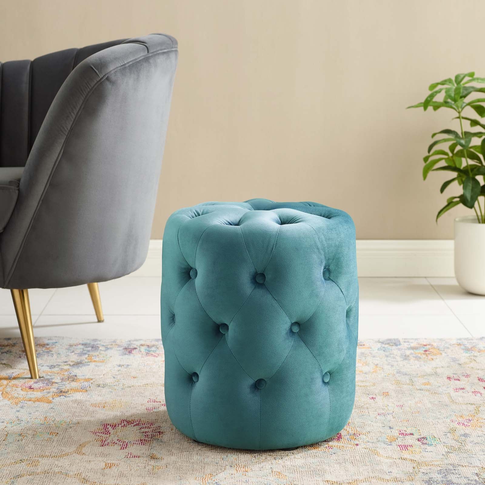 Modway Ottomans & Stools - Amour Tufted Button Round Performance Velvet Ottoman Sea Blue