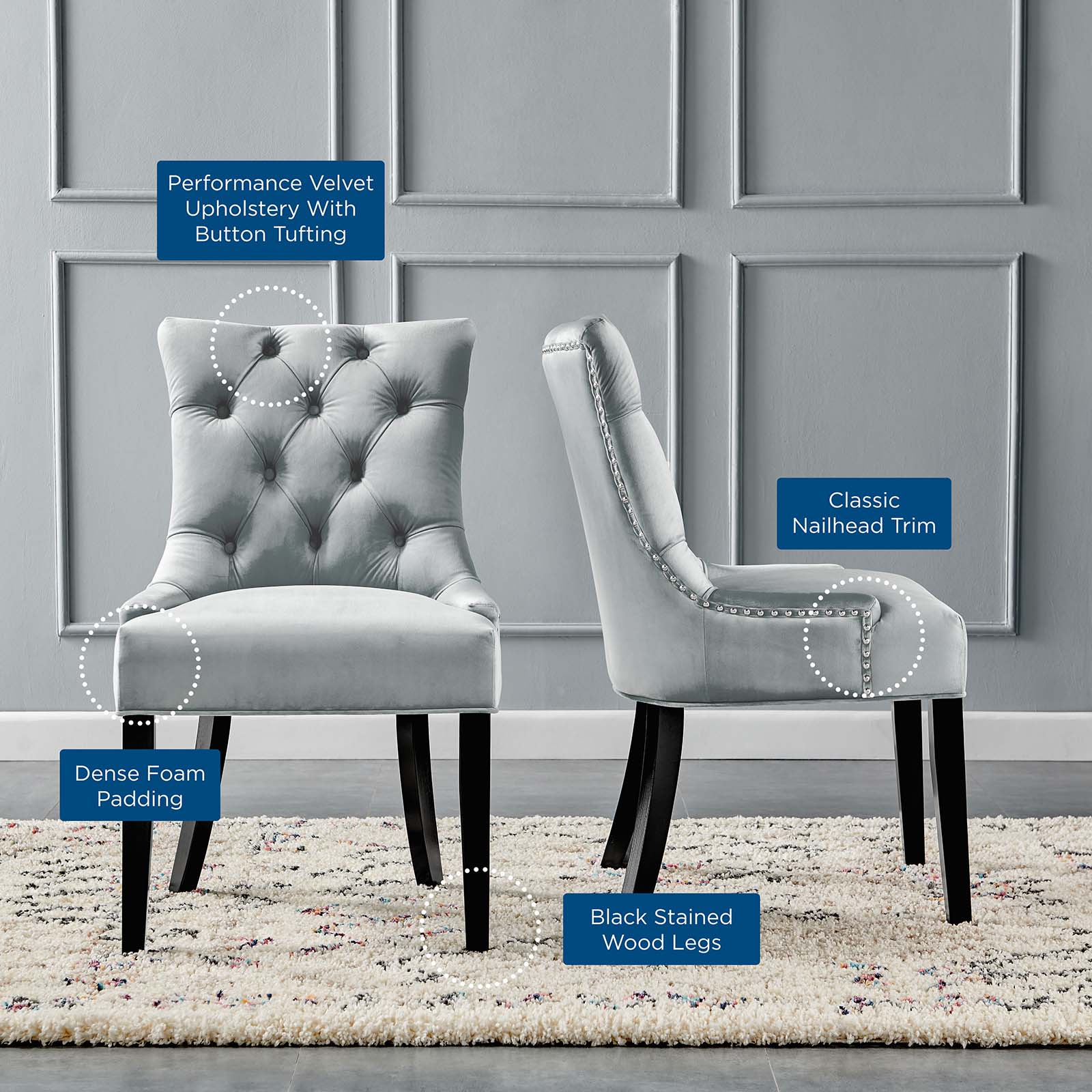 Modway Dining Chairs - Regent Tufted Performance Velvet Dining Side Chairs - Set of 2 Light Gray