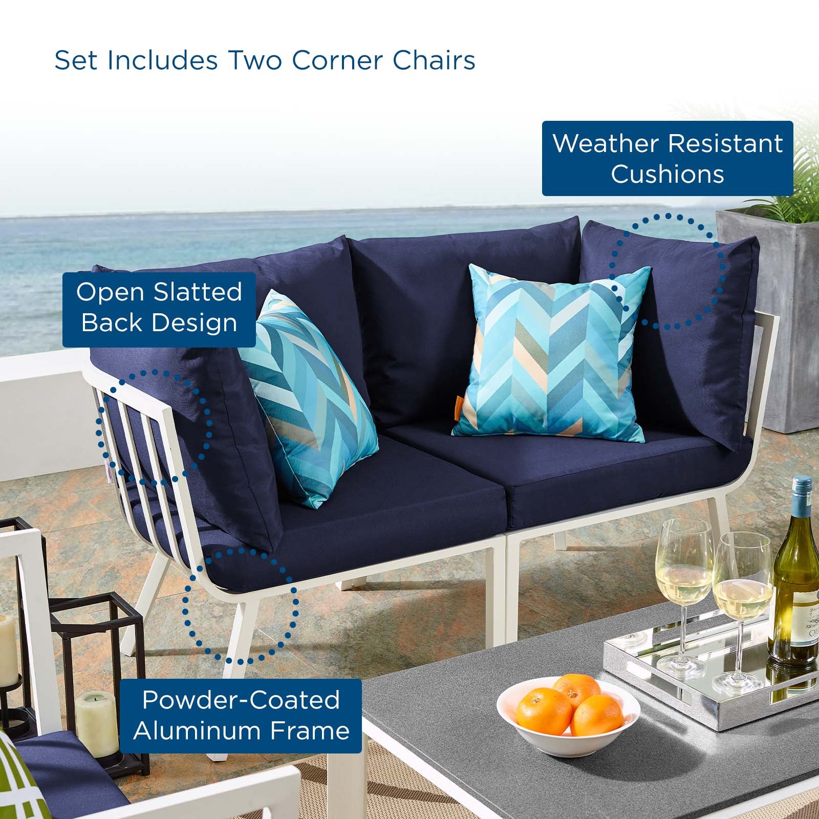 Riverside 2 Piece Outdoor Patio Aluminum Sectional Sofa Set White Navy