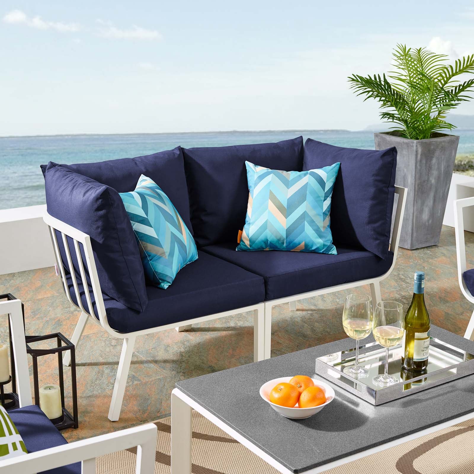 Riverside 2 Piece Outdoor Patio Aluminum Sectional Sofa Set White Navy