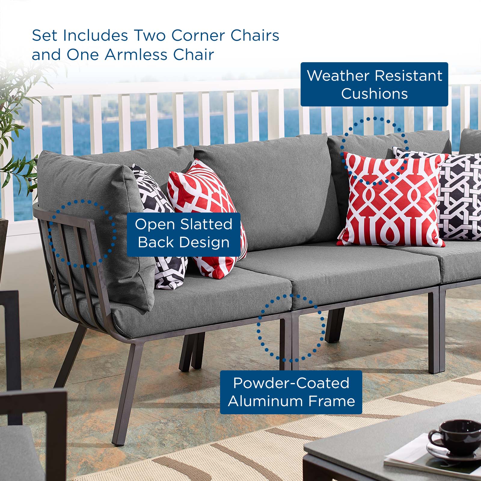 Modway Outdoor Conversation Sets - Riverside 3 Piece Outdoor Patio Aluminum Sectional Sofa Set Gray Charcoal
