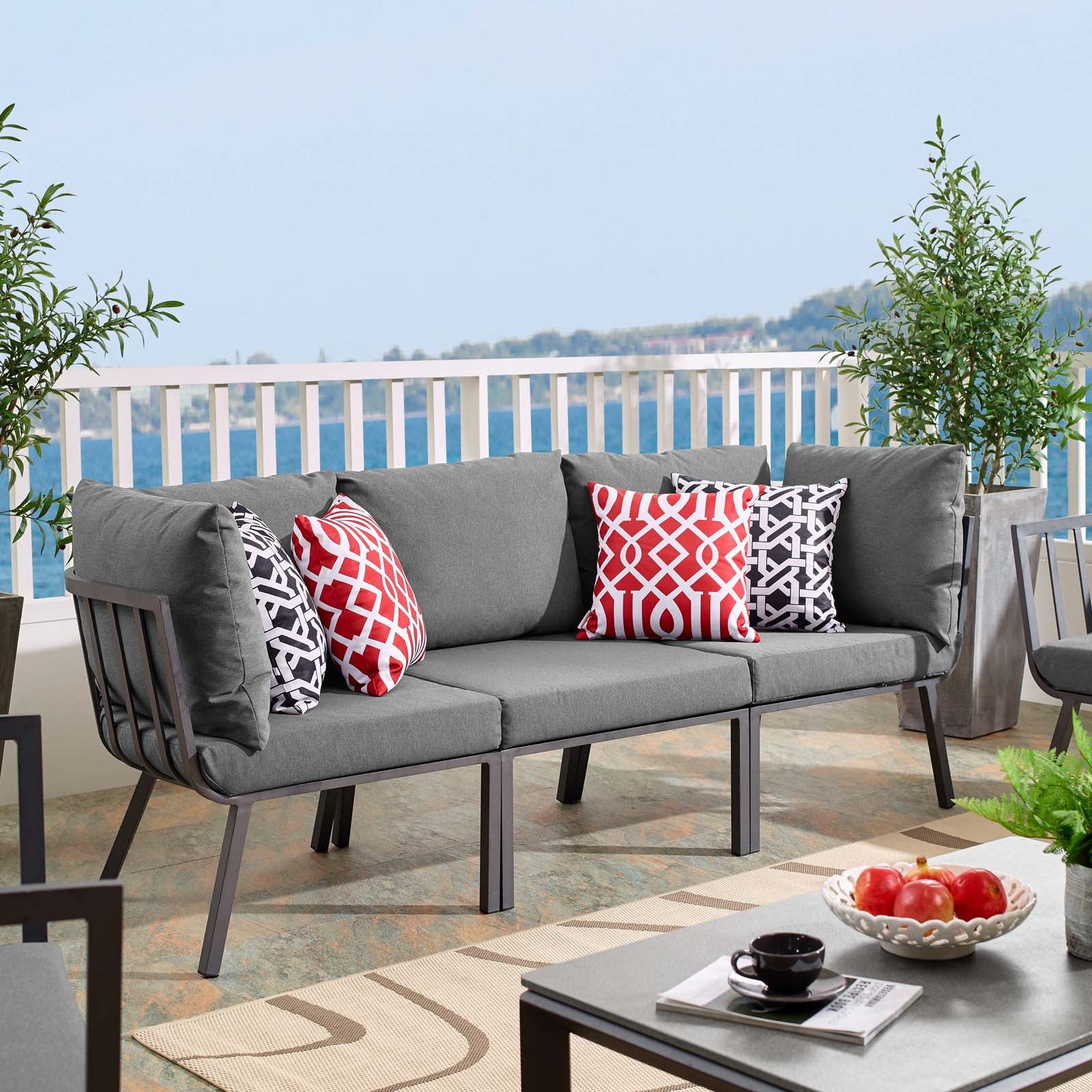 Modway Outdoor Conversation Sets - Riverside 3 Piece Outdoor Patio Aluminum Sectional Sofa Set Gray Charcoal