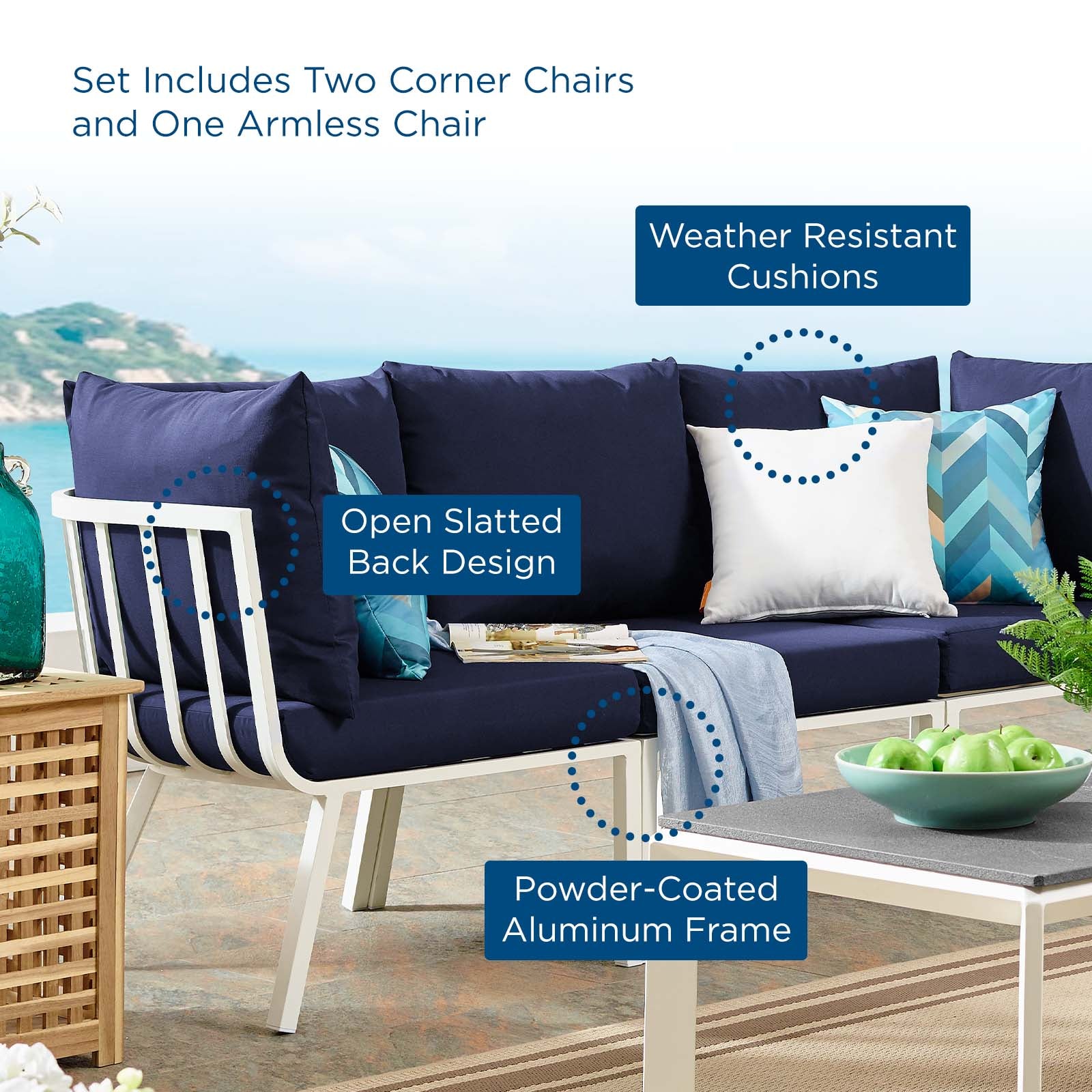 Modway Outdoor Conversation Sets - Riverside 3 Piece Outdoor Patio Aluminum Sectional Sofa Set White Navy