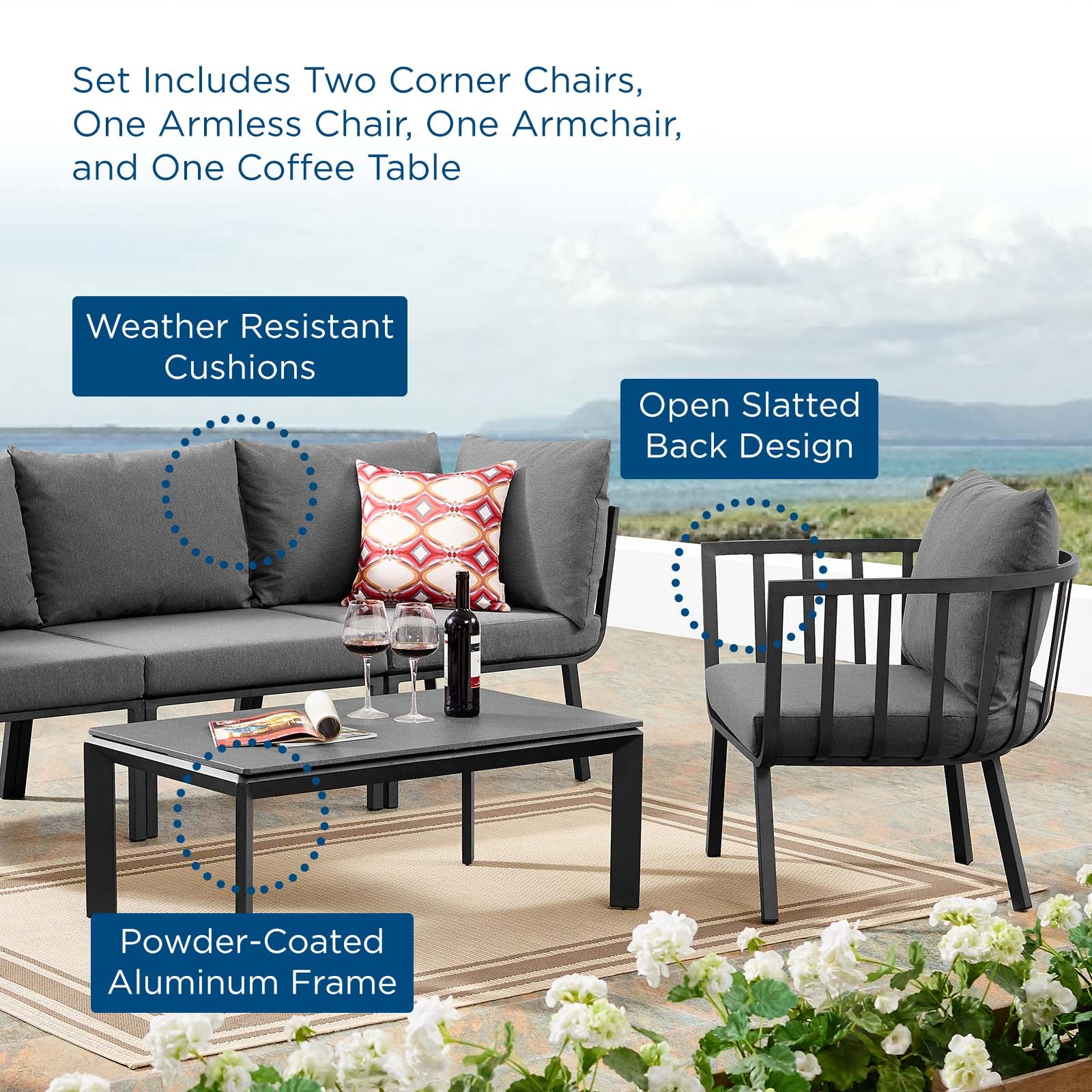 Modway Outdoor Conversation Sets - Riverside 5 Piece Outdoor Patio Set Gray Charcoal
