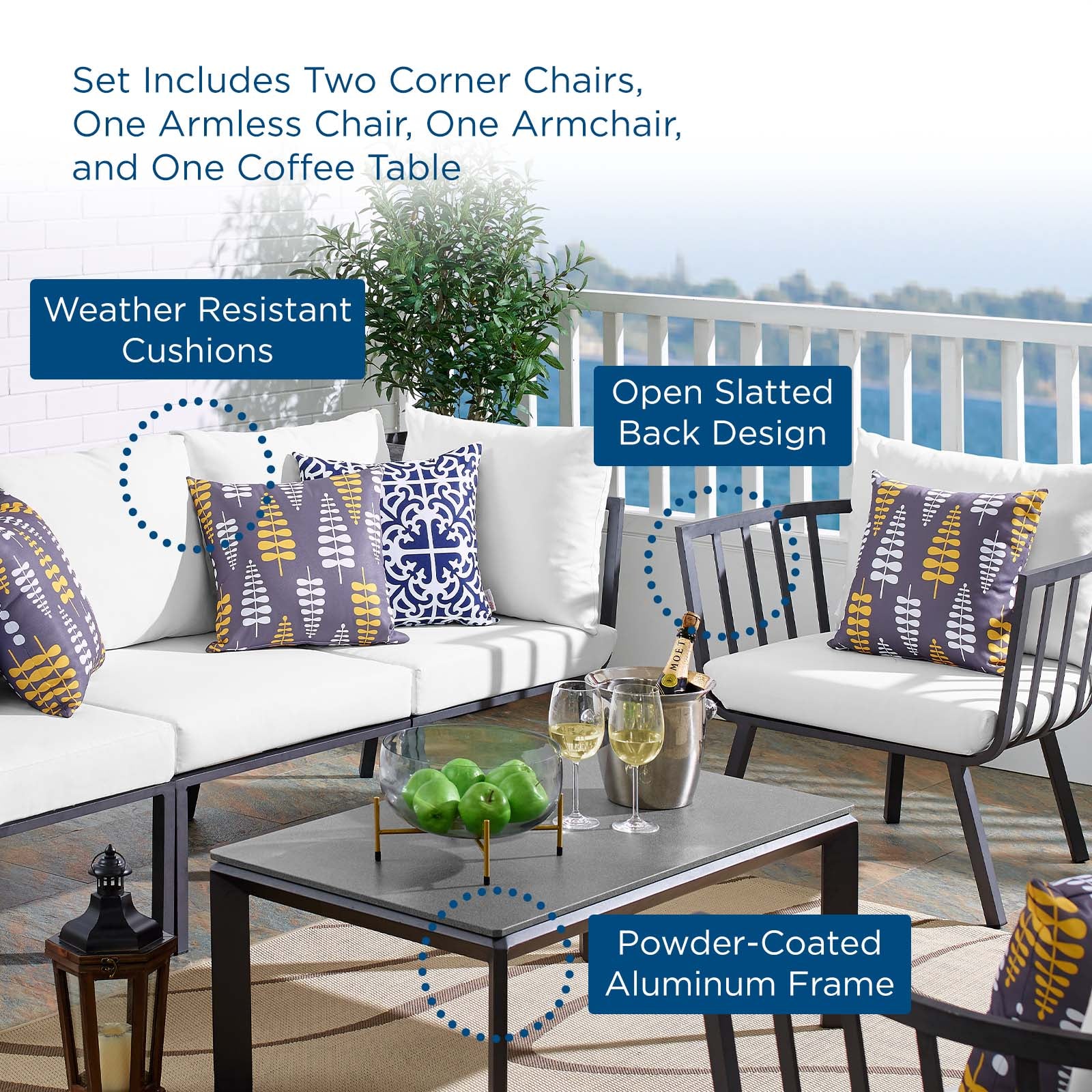 Modway Outdoor Conversation Sets - Riverside 5 Piece Outdoor Conversation Set Gray White