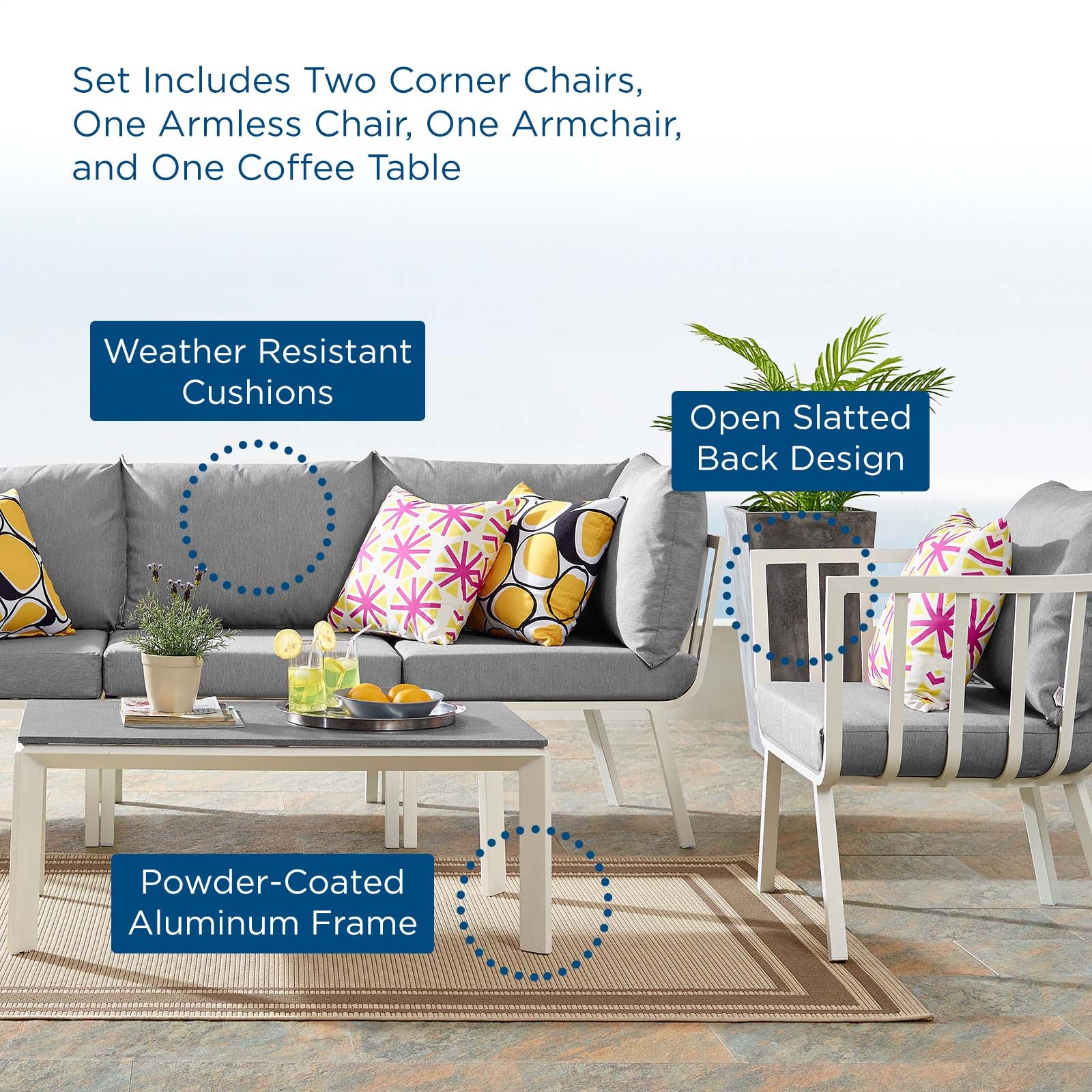 Modway Outdoor Conversation Sets - Riverside 5 Piece Outdoor 61.5 " W Patio Set White Gray