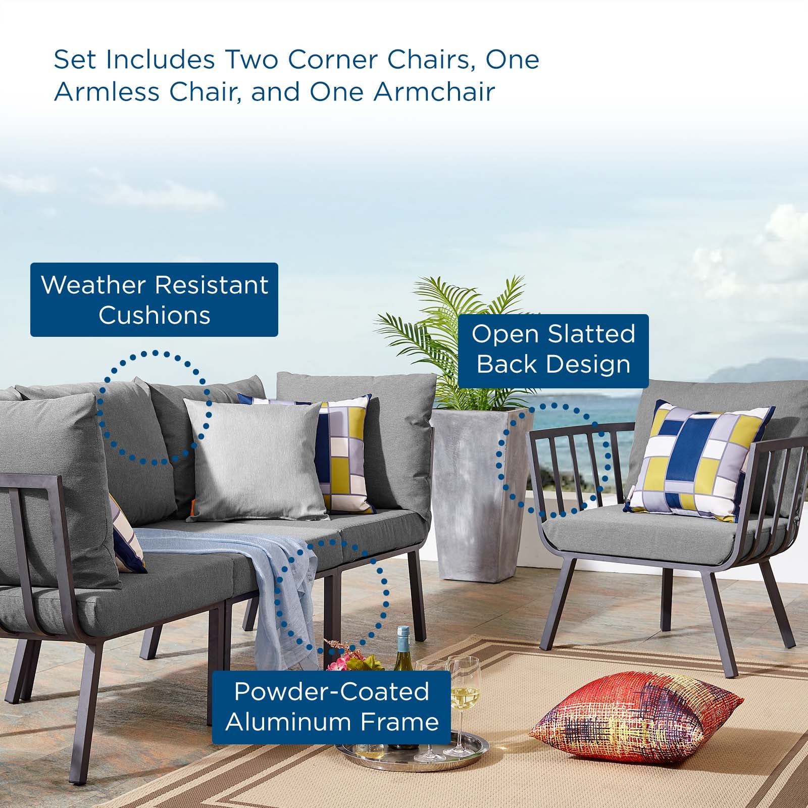 Modway Outdoor Conversation Sets - Riverside 4 Piece Outdoor Aluminum Set Gray Charcoal