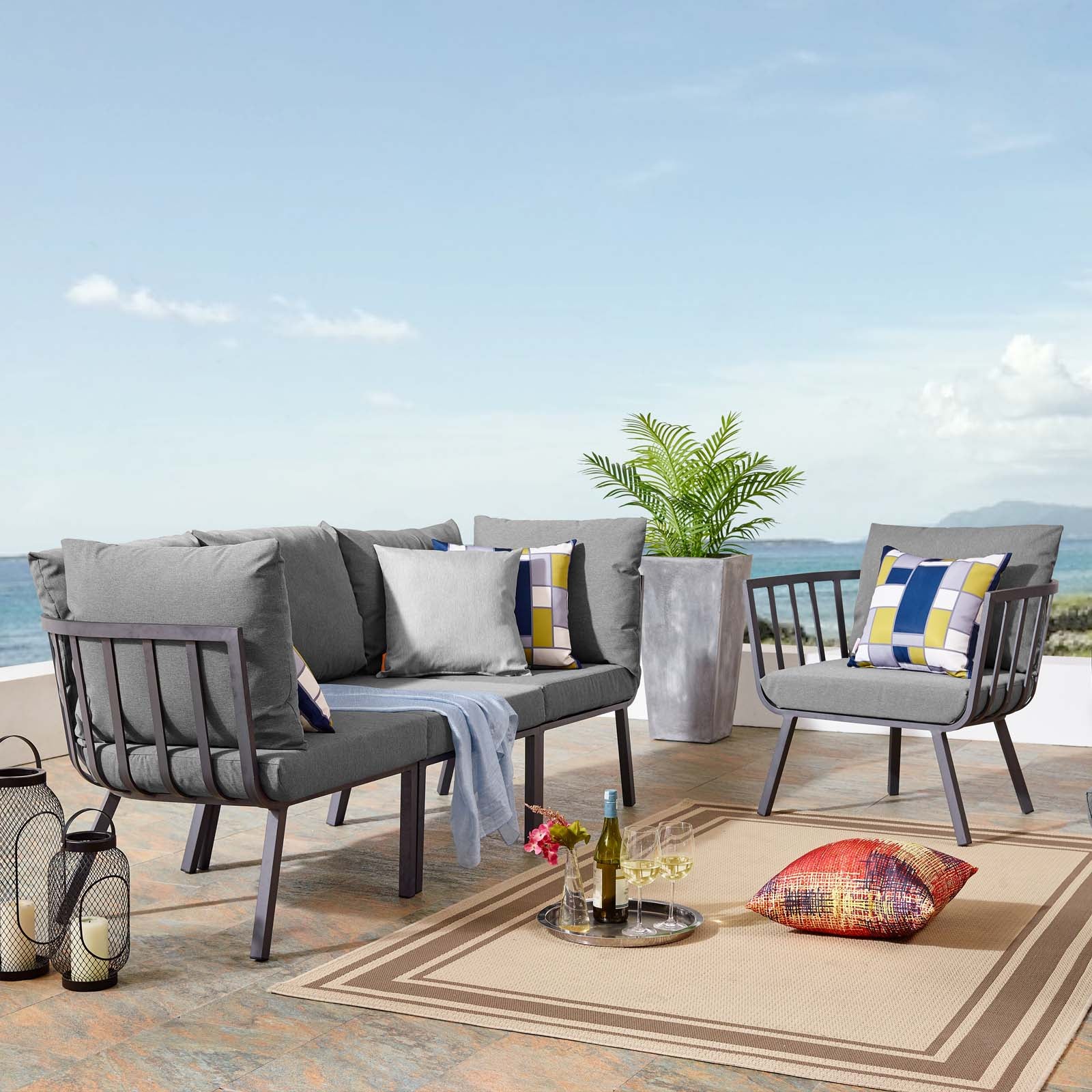 Modway Outdoor Conversation Sets - Riverside 4 Piece Outdoor Aluminum Set Gray Charcoal