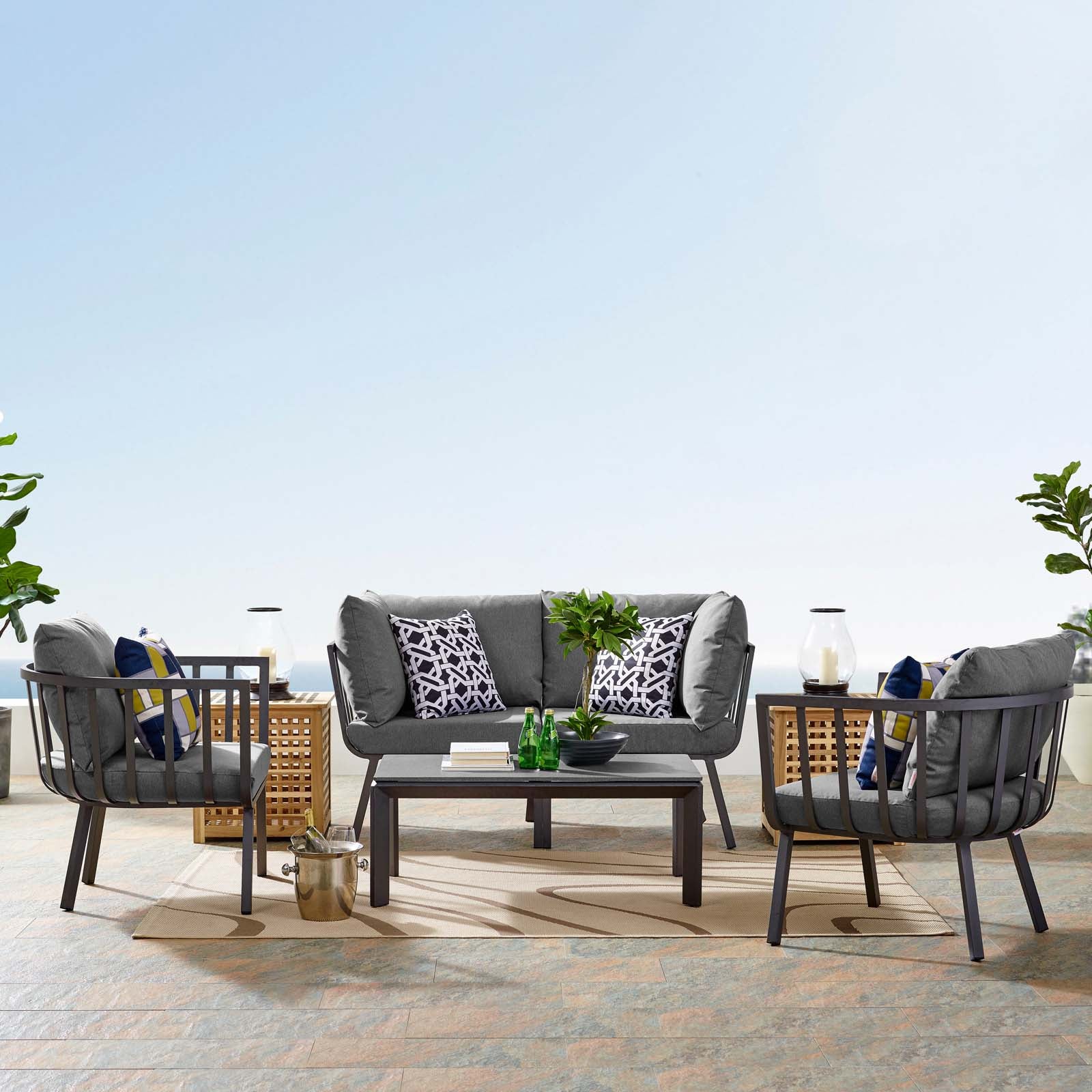 Modway Outdoor Conversation Sets - Riverside 5 Piece Outdoor Patio Set Gray and Charcoal