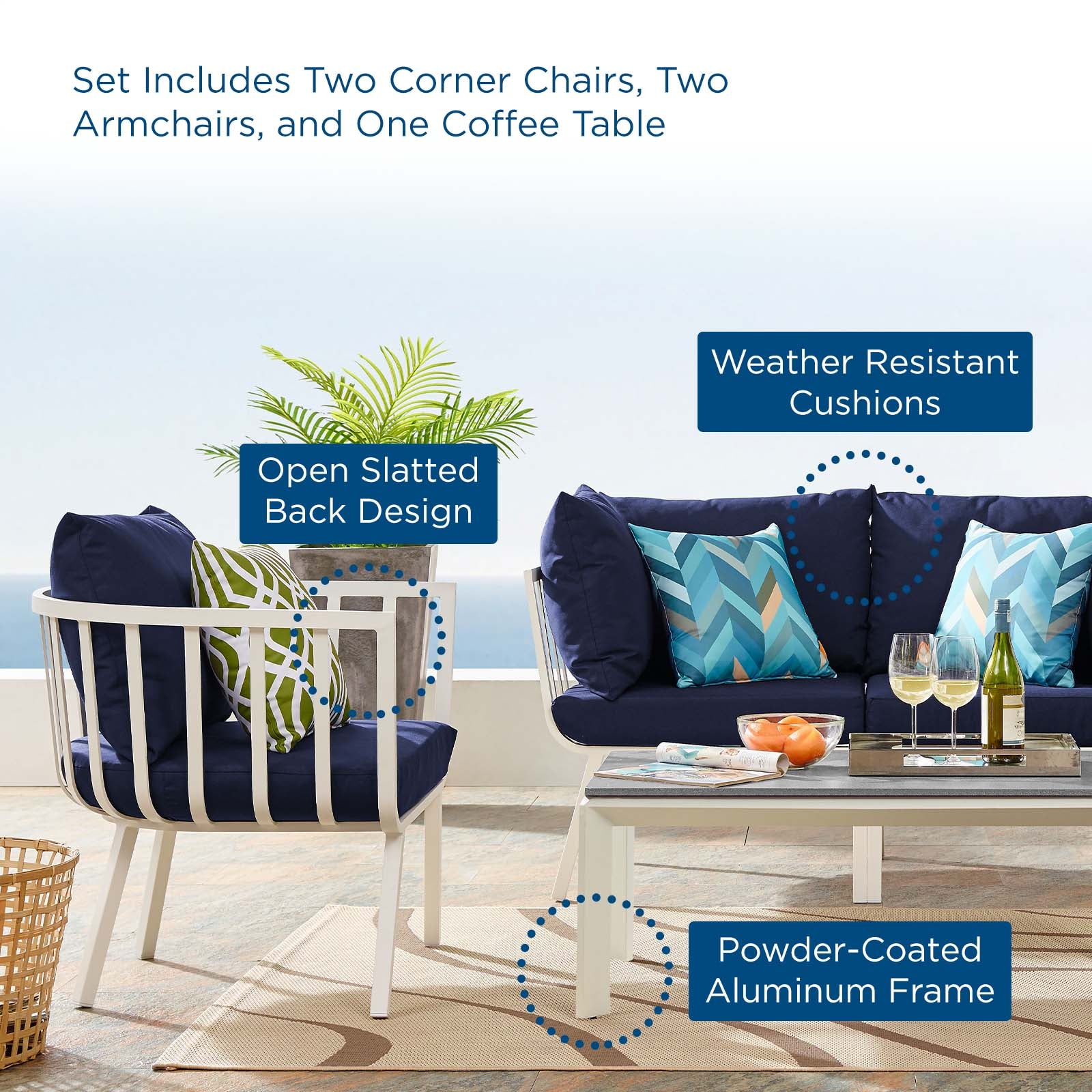 Modway Outdoor Conversation Sets - Riverside 5 Piece Outdoor Patio Aluminum Set White Navy