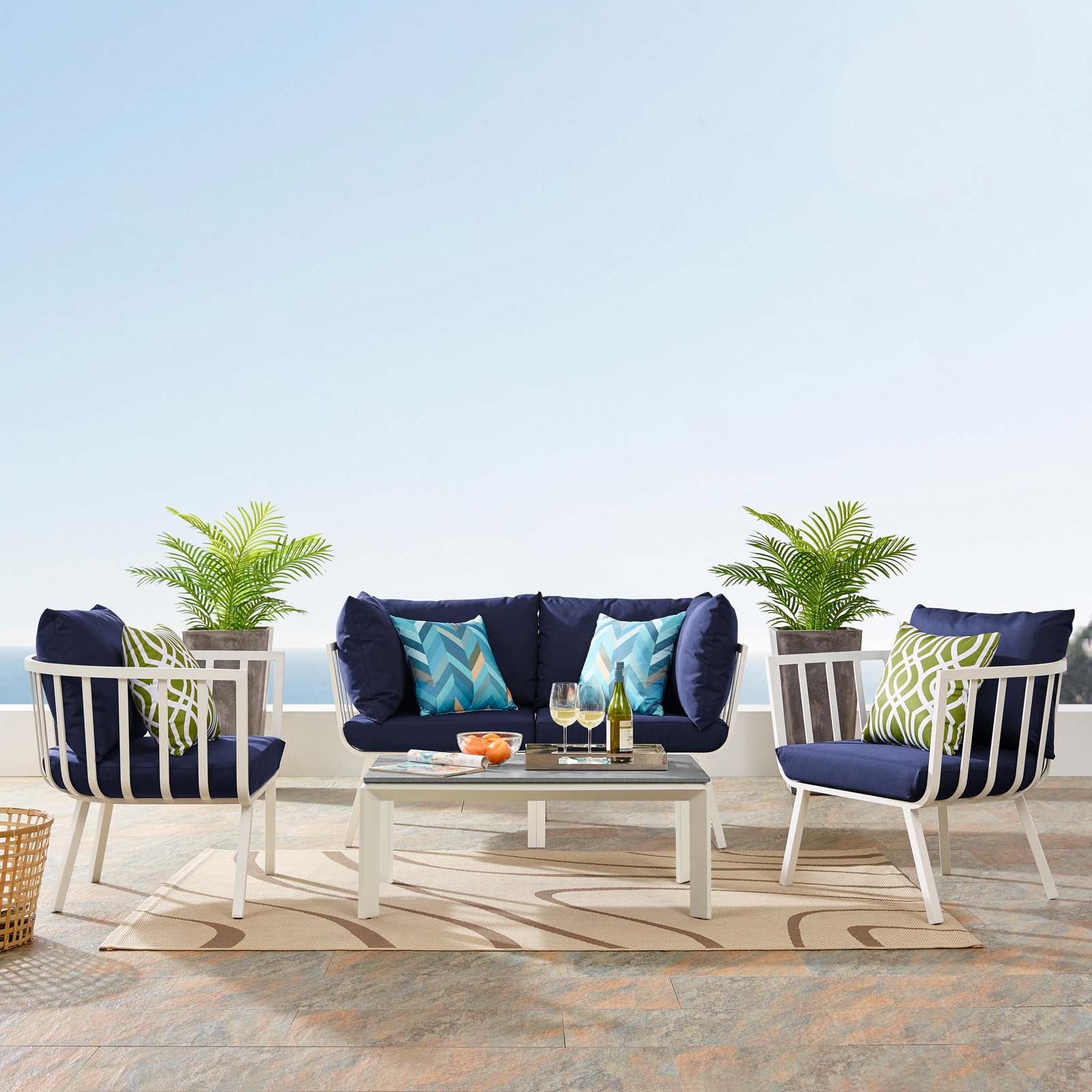 Modway Outdoor Conversation Sets - Riverside 5 Piece Outdoor Patio Aluminum Set White Navy