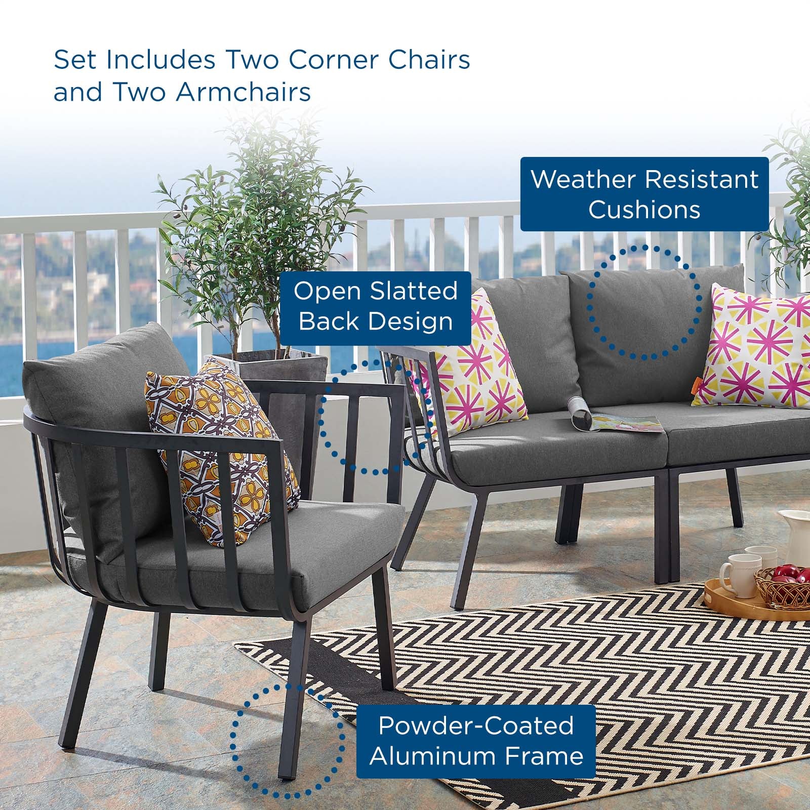 Modway Outdoor Conversation Sets - Riverside 4 Piece Outdoor Patio Aluminum Set Gray Charcoal