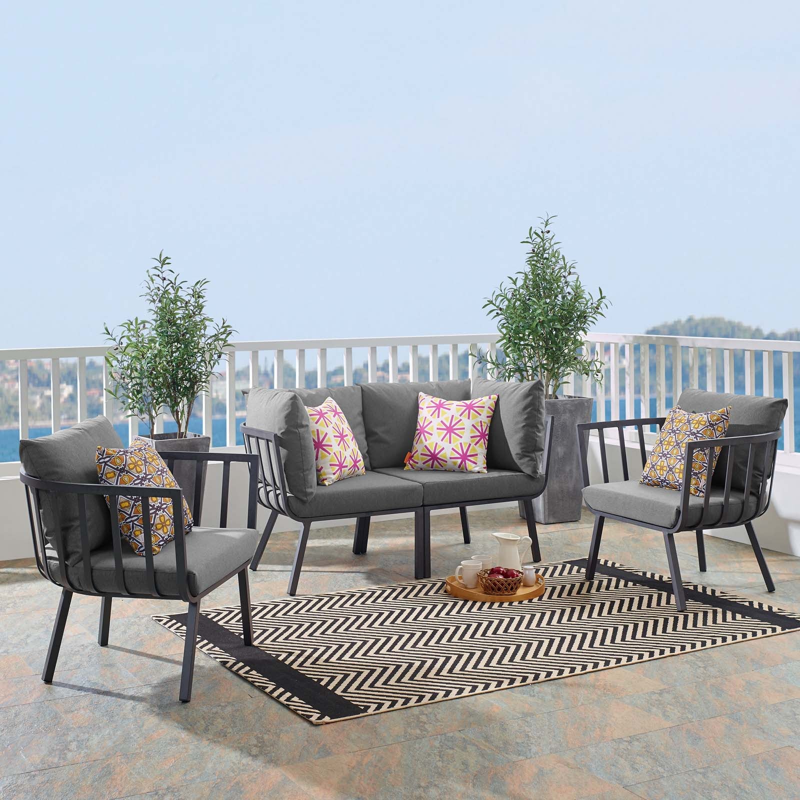 Modway Outdoor Conversation Sets - Riverside 4 Piece Outdoor Patio Aluminum Set Gray Charcoal
