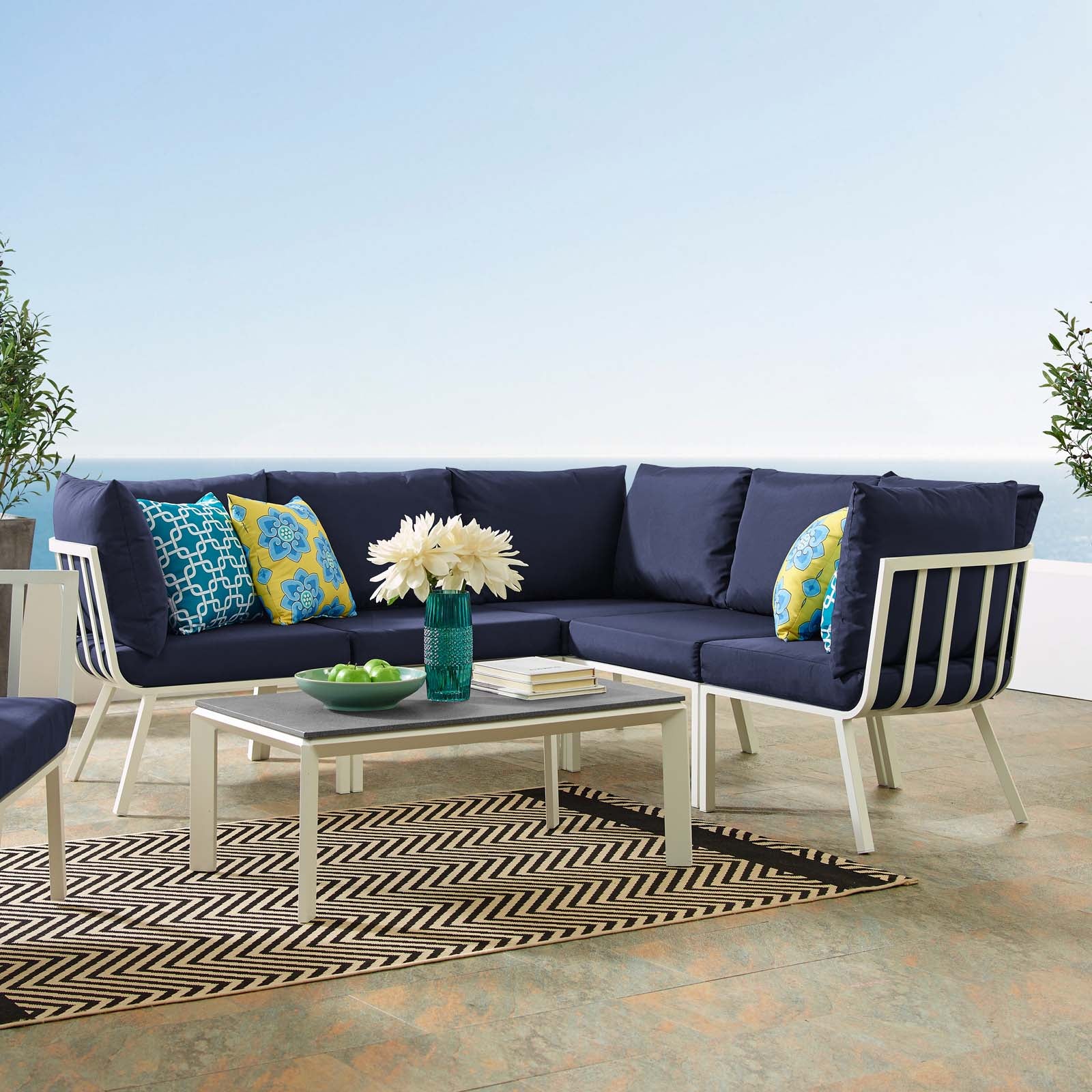 Modway Outdoor Conversation Sets - Riverside 6 Piece Outdoor Patio Aluminum Set White Navy