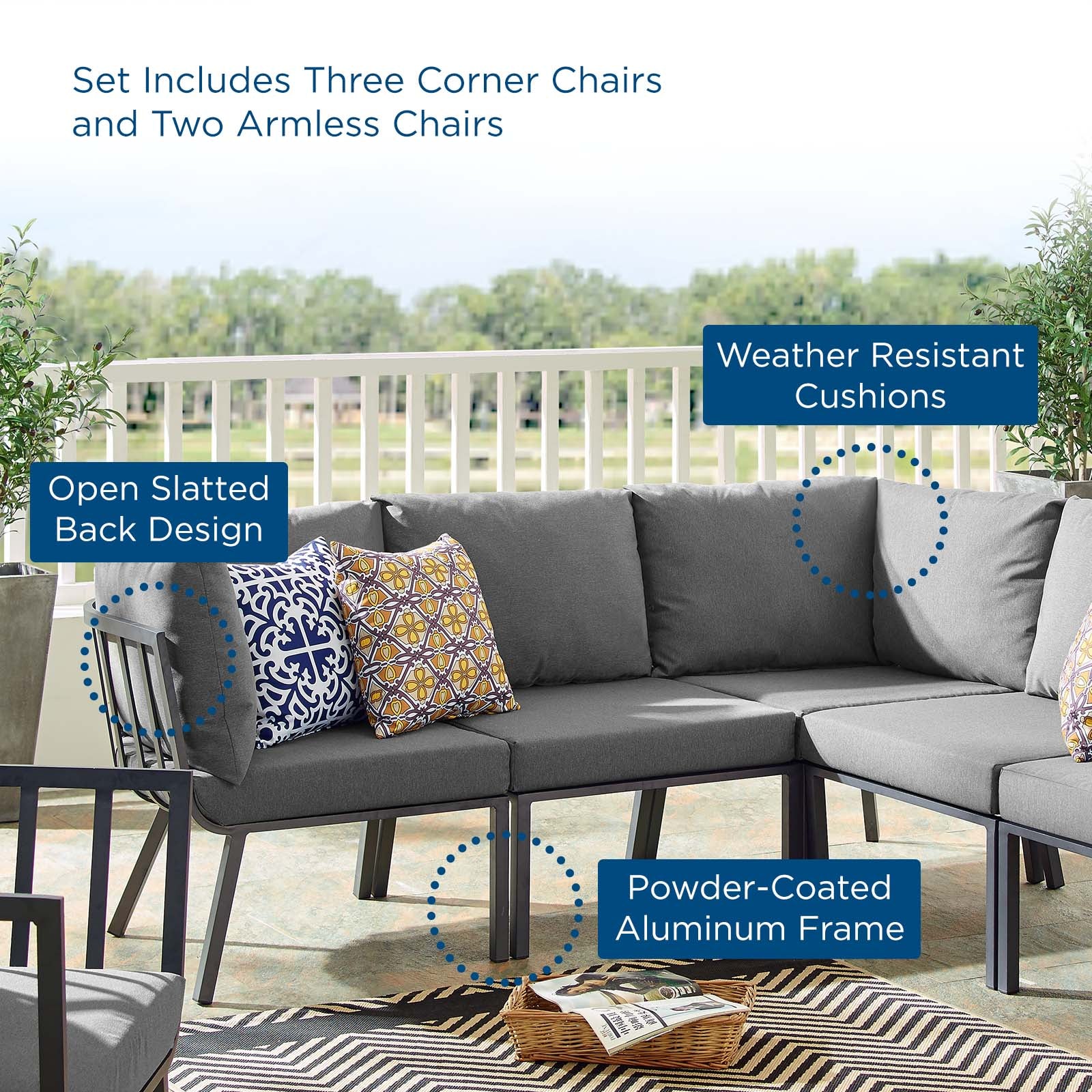 Modway Outdoor Sofas - Riverside 5 Piece Outdoor Patio Aluminum Sectional Gray Charcoal