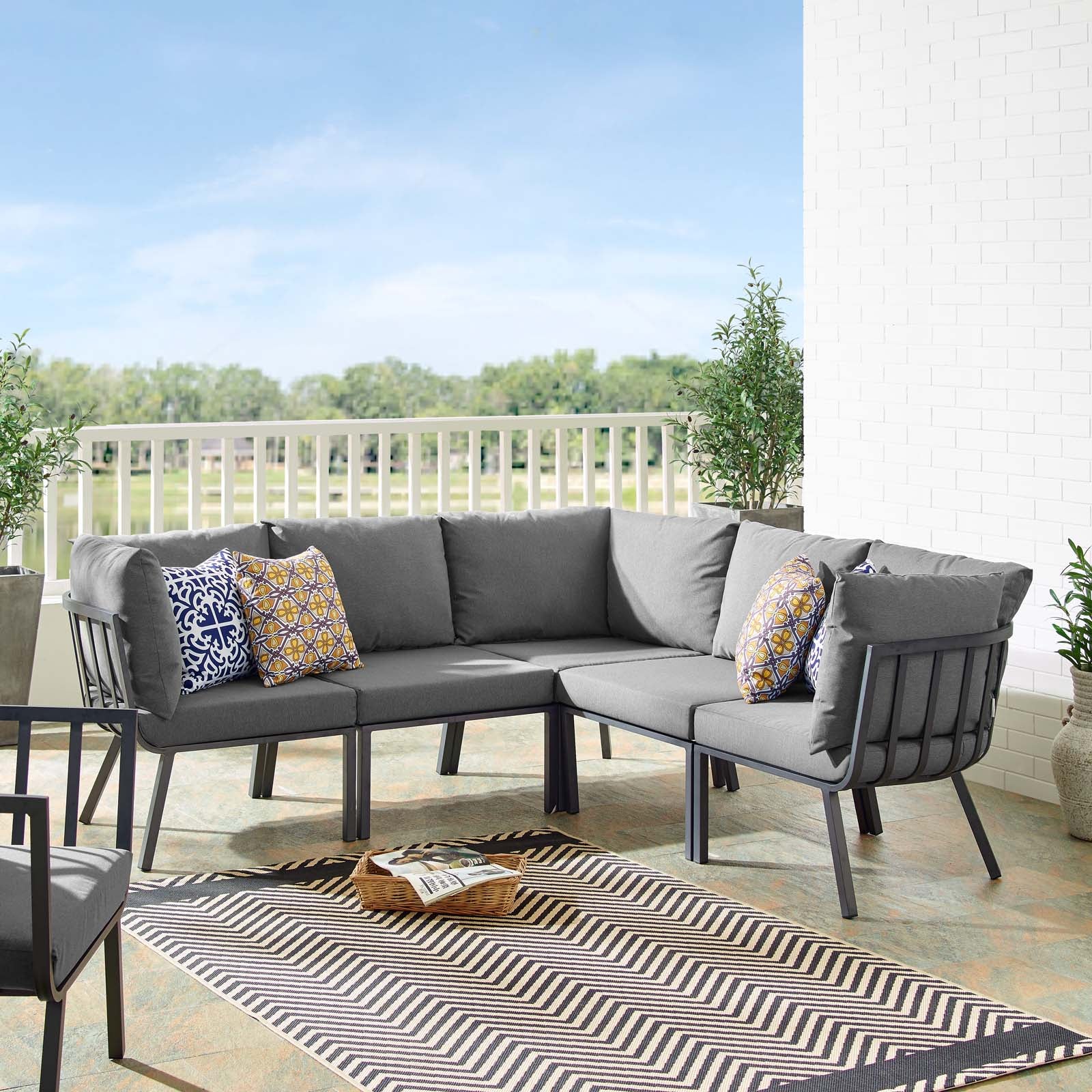 Modway Outdoor Sofas - Riverside 5 Piece Outdoor Patio Aluminum Sectional Gray Charcoal