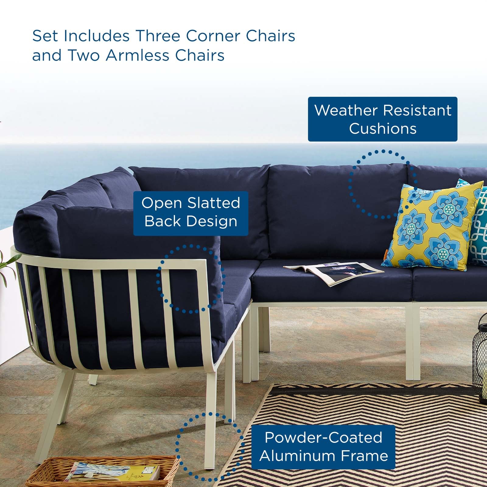 Modway Outdoor Conversation Sets - Riverside 5 Piece Outdoor Patio Aluminum Sectional White Navy