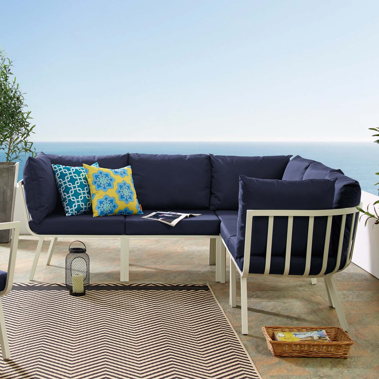 Modway Outdoor Conversation Sets - Riverside 5 Piece Outdoor Patio Aluminum Sectional White Navy