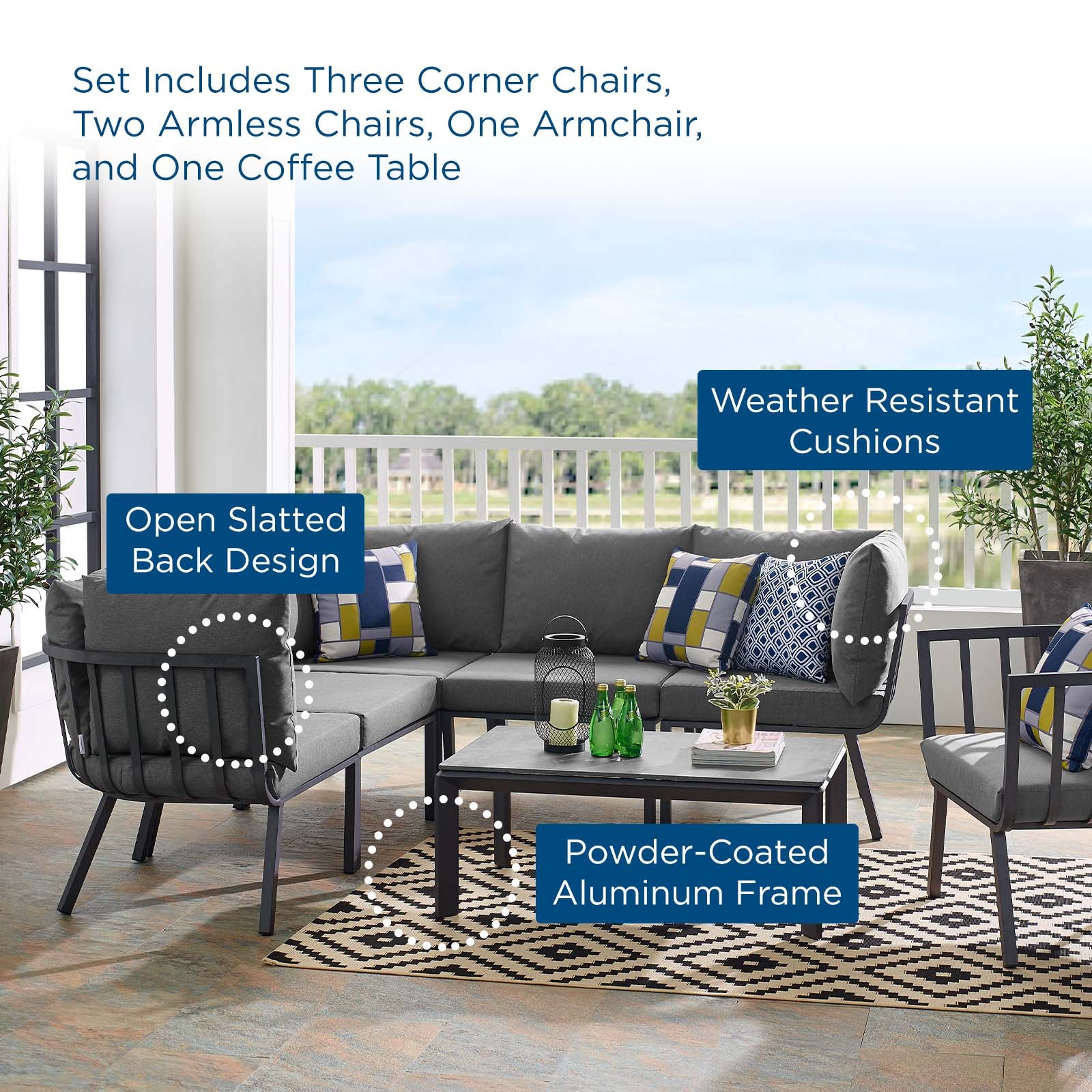 Modway Outdoor Conversation Sets - Riverside 7 Piece Outdoor Patio Aluminum Set Gray Charcoal