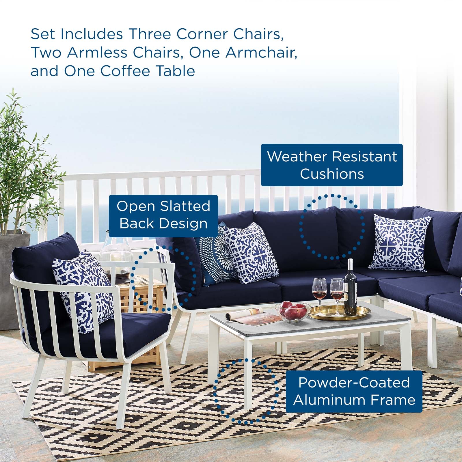 Modway Outdoor Conversation Sets - Riverside 7 Piece Outdoor Set White & Navy