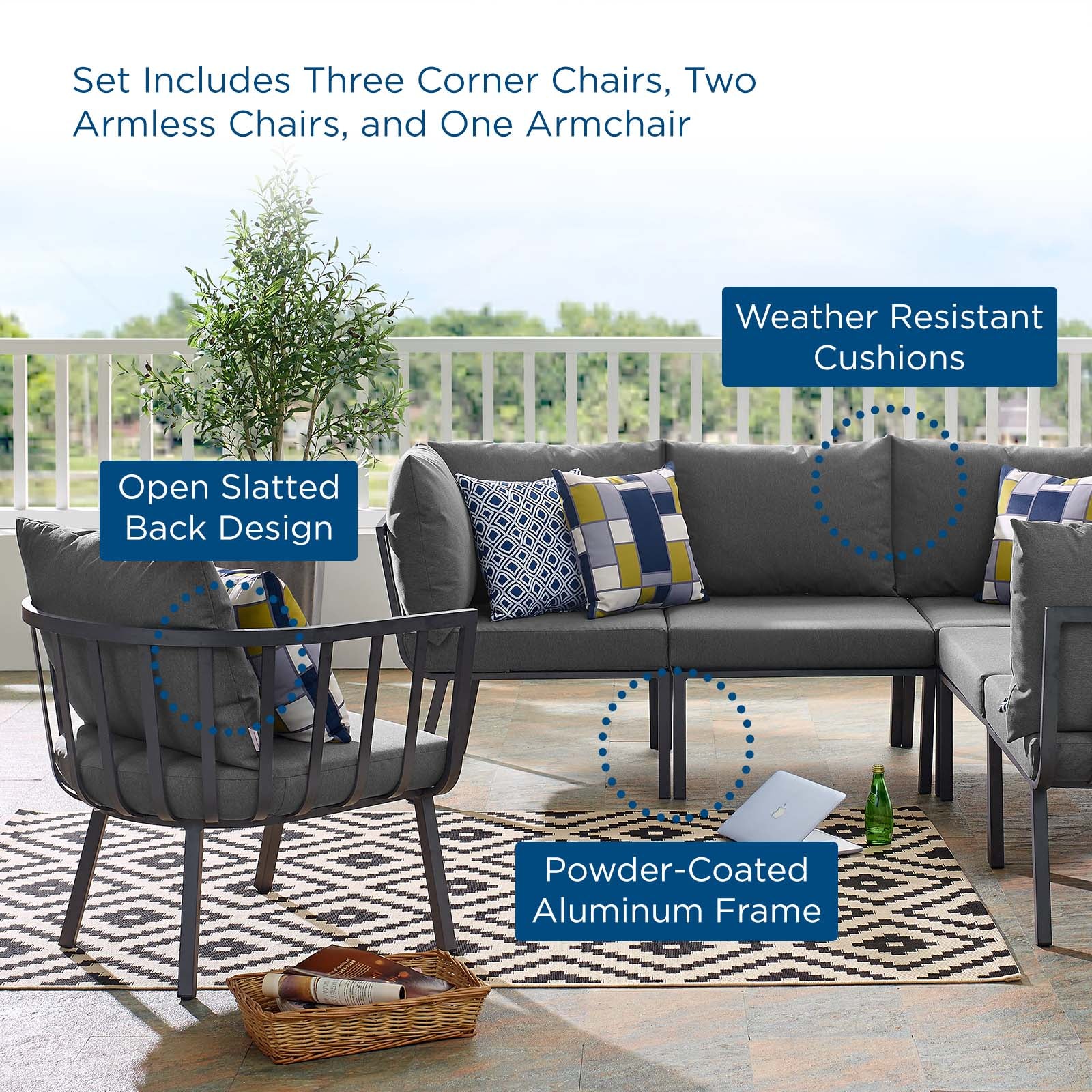 Modway Outdoor Conversation Sets - Riverside 6 Piece Outdoor Aluminum Set Gray Charcoal