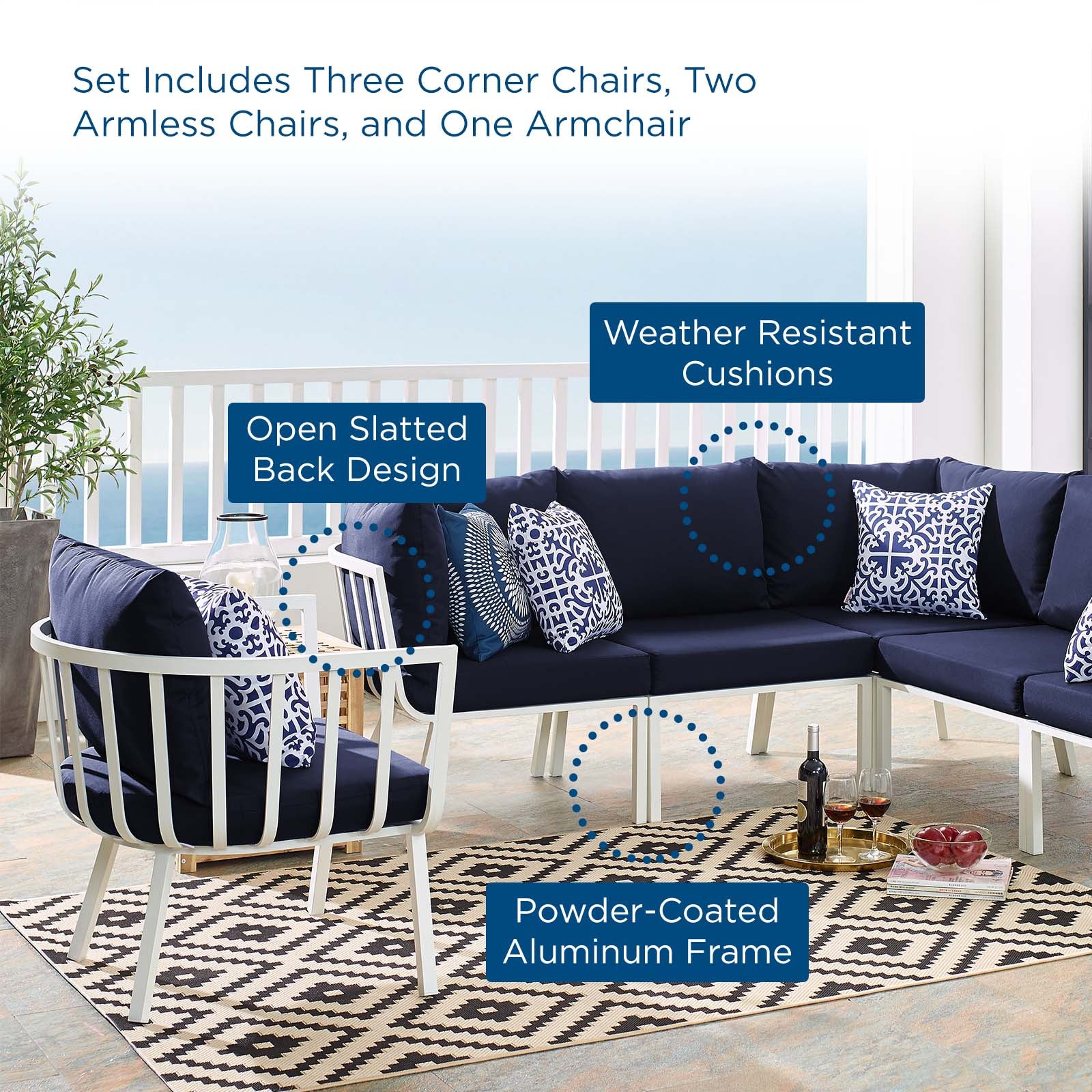 Modway Outdoor Conversation Sets - 114" Riverside 6 Piece Outdoor Patio Aluminum Set White Navy