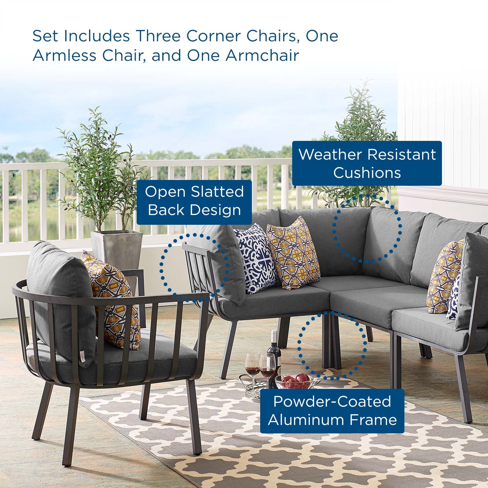 Modway Outdoor Conversation Sets - Riverside 5 Piece 114" Outdoor Patio Aluminum Set Gray Charcoal