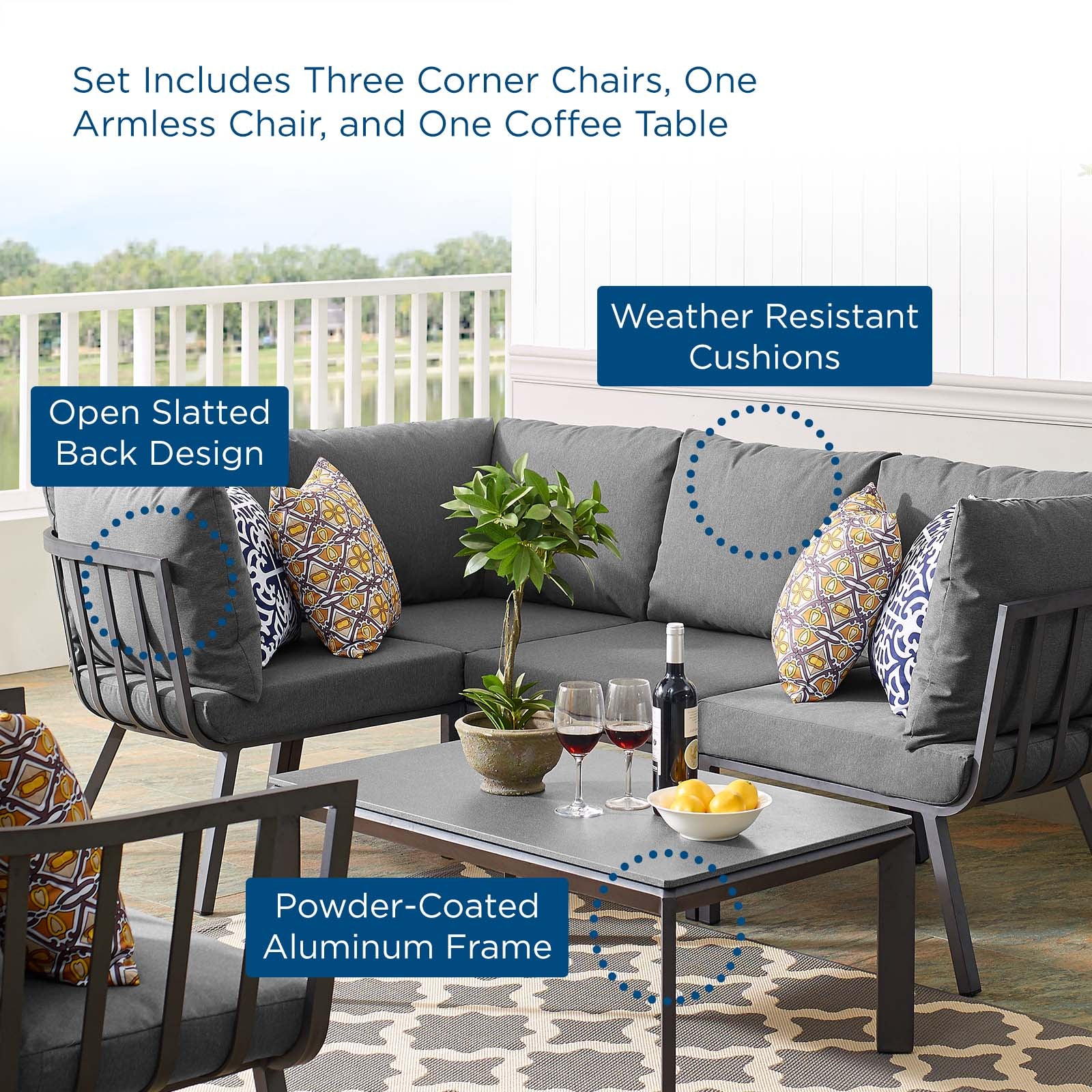 Modway Outdoor Conversation Sets - Riverside 5 Piece Outdoor Patio Aluminum Set - Gray Charcoal