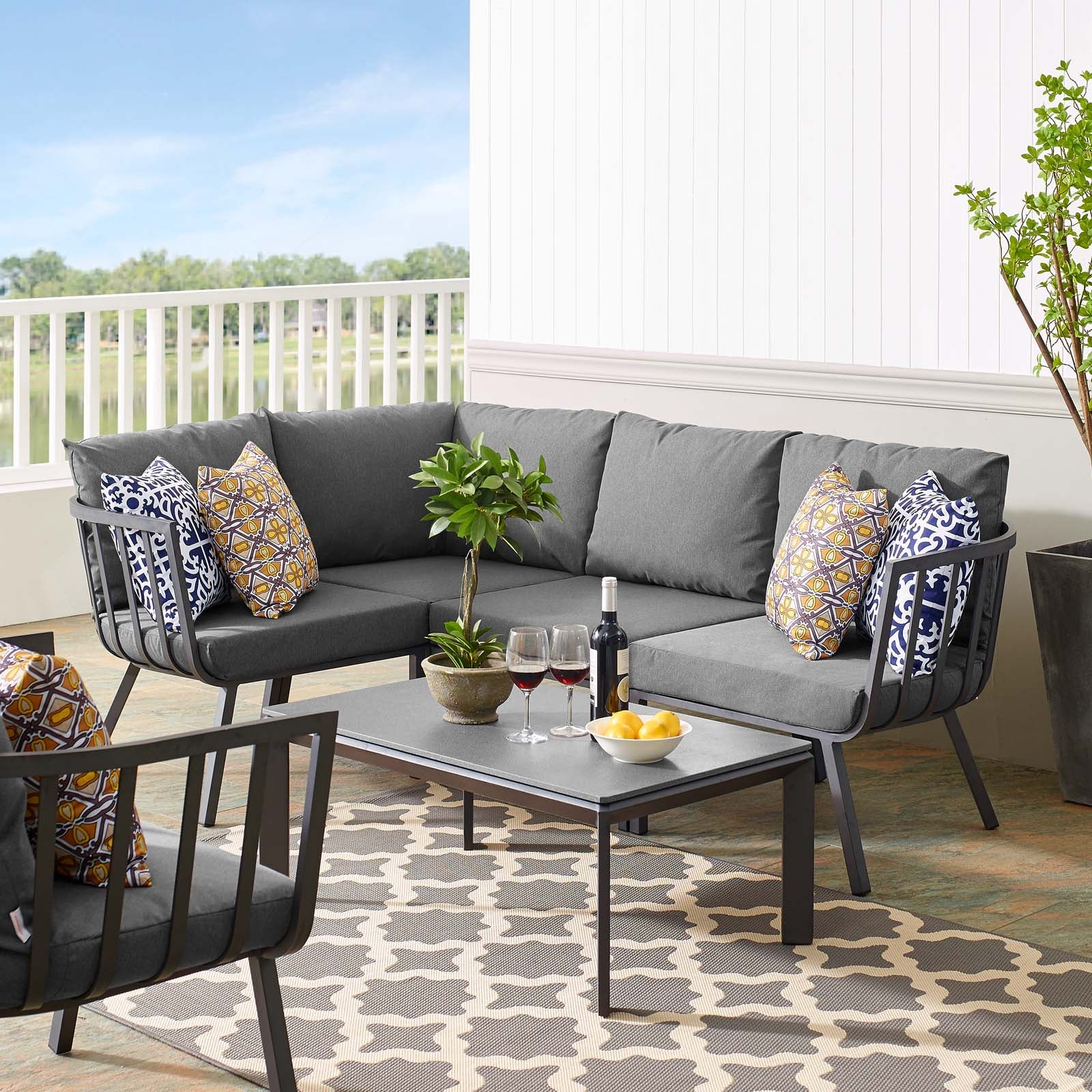 Modway Outdoor Conversation Sets - Riverside 5 Piece Outdoor Patio Aluminum Set - Gray Charcoal