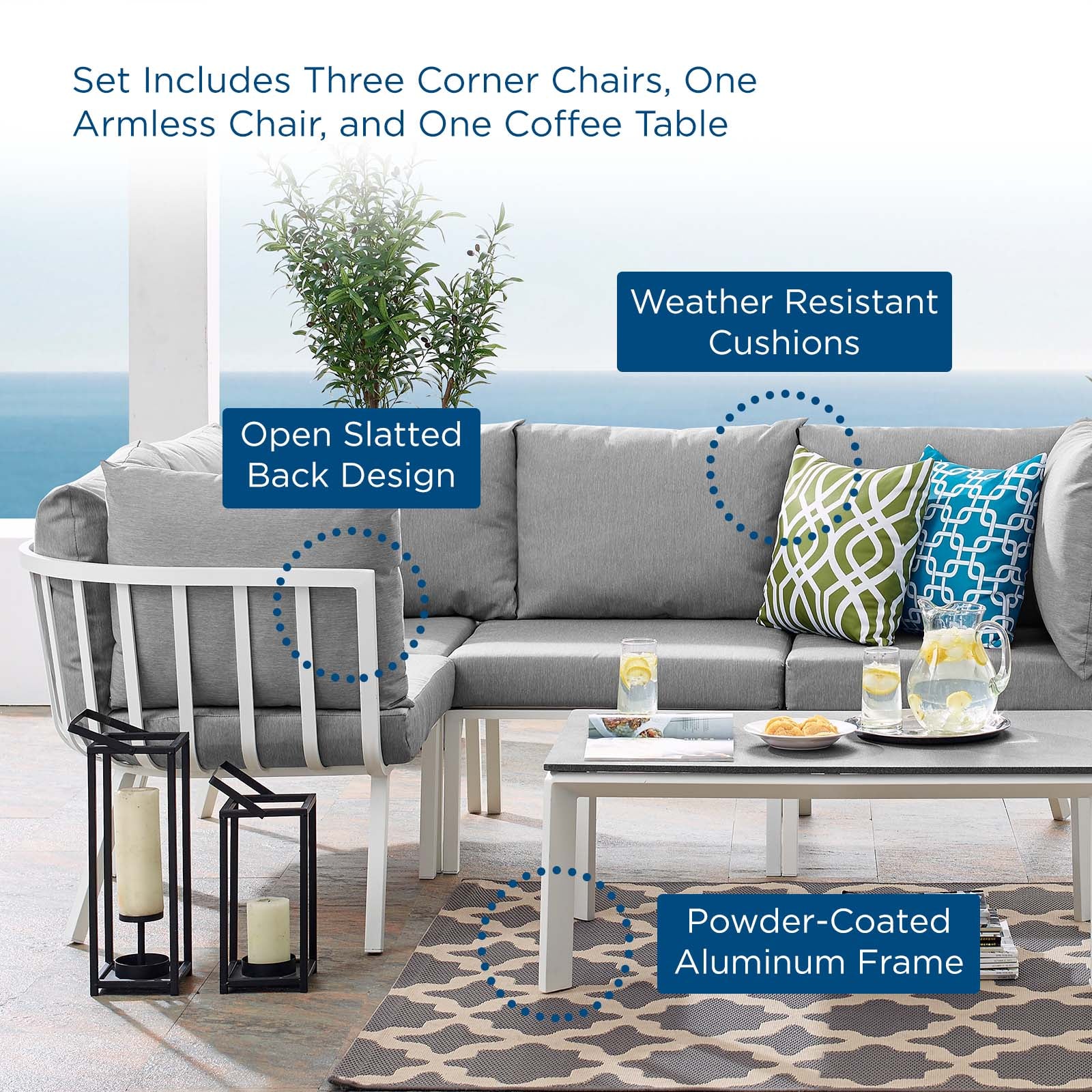 Modway Outdoor Conversation Sets - Riverside 5 Piece Outdoor Patio Set White Gray
