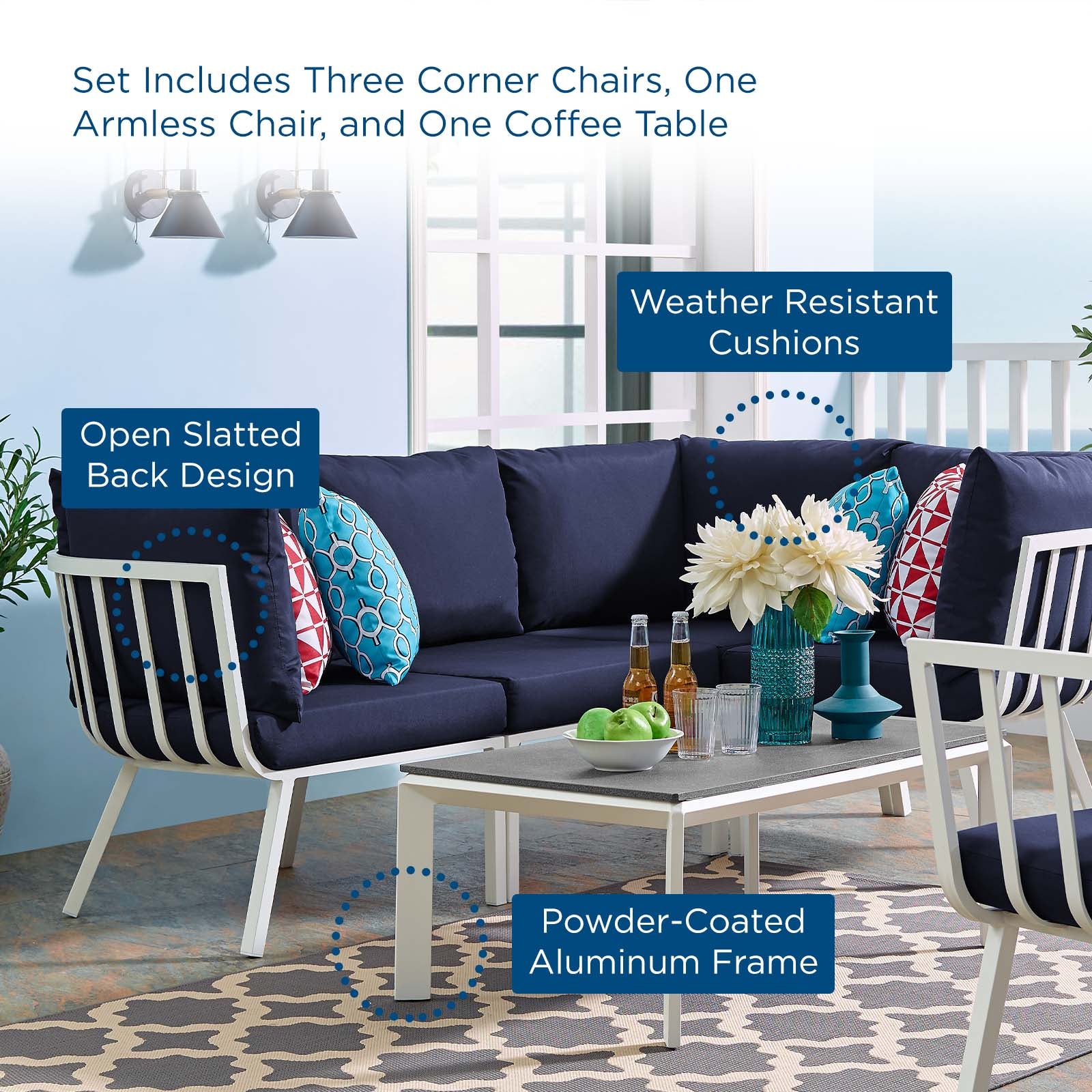 Modway Outdoor Conversation Sets - Riverside 5 Piece Outdoor Patio Set White Navy