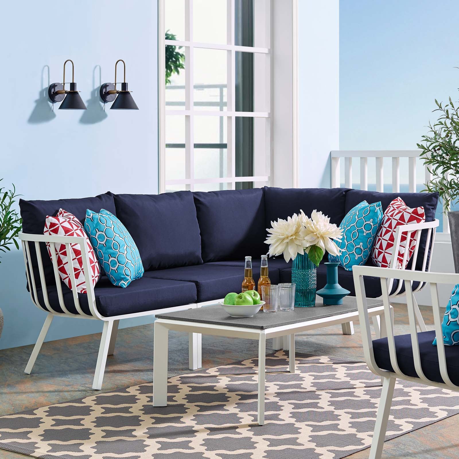 Modway Outdoor Conversation Sets - Riverside 5 Piece Outdoor Patio Set White Navy