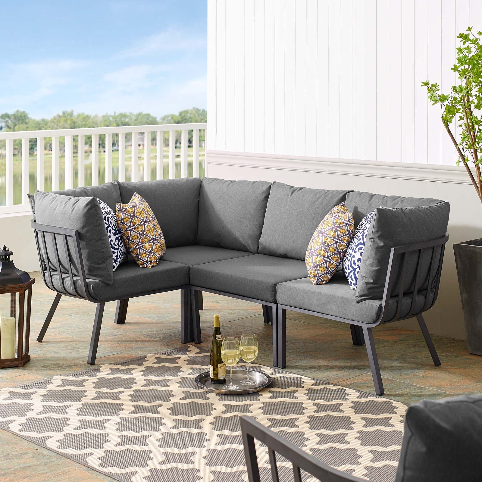 Modway Outdoor Sofas - Riverside 4 Piece Outdoor Patio Aluminum Sectional Gray Charcoal