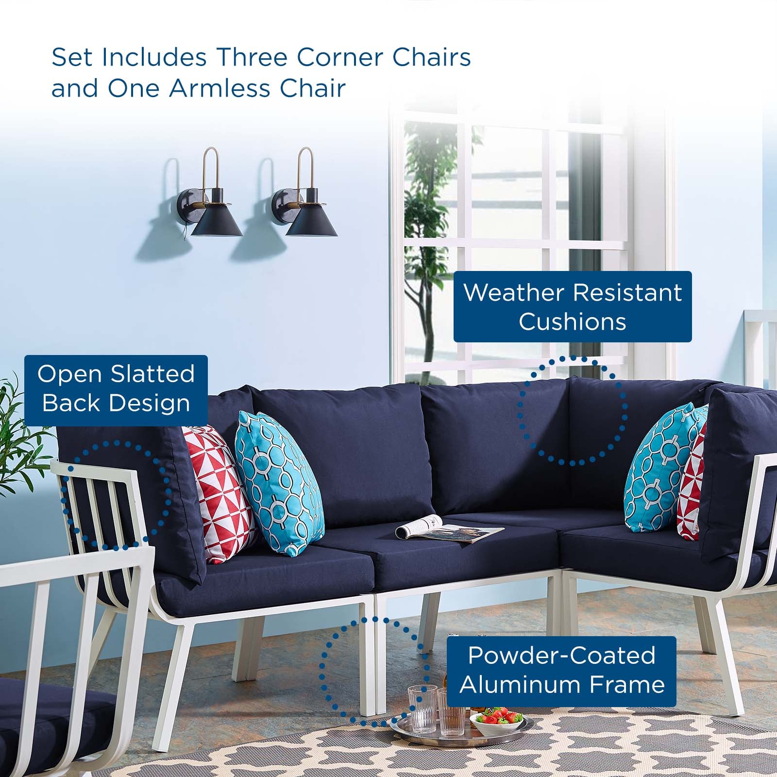 Modway Outdoor Conversation Sets - Riverside 4 Piece Outdoor Patio Aluminum Sectional White Navy